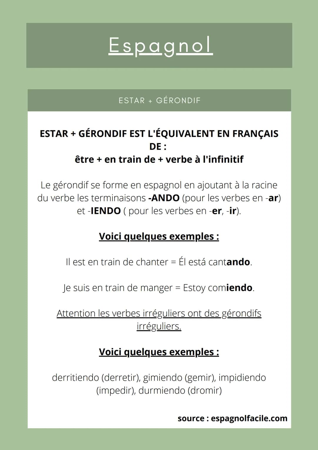 # Espagnol

ESTAR + GÉRONDIF

ESTAR + GÉRONDIF EST L'ÉQUIVALENT EN FRANÇAIS
DE:
être + en train de + verbe à l'infinitif

Le gérondif se for