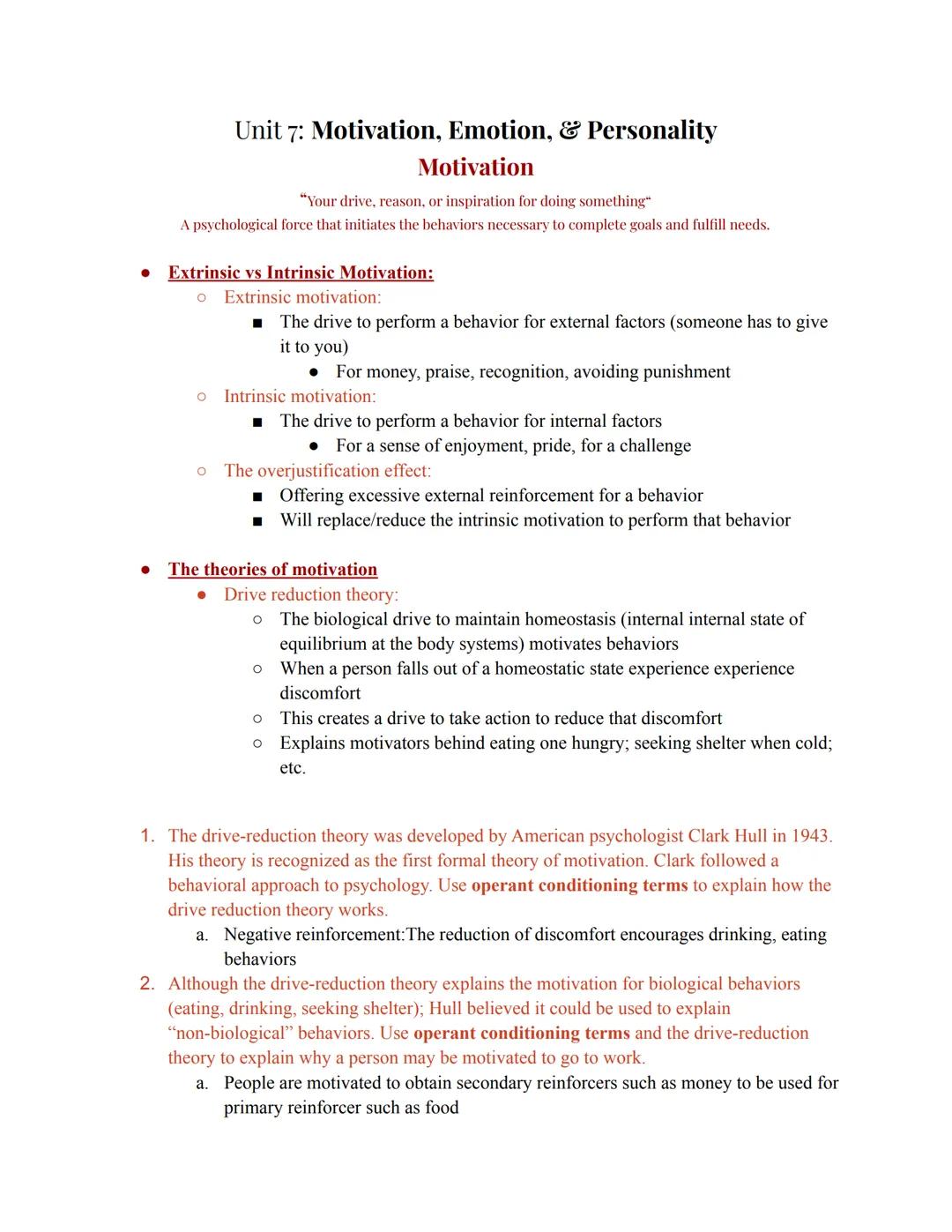 # Unit 7: Motivation, Emotion, & Personality

## Motivation

"Your drive, reason, or inspiration for doing something"

A psychological force