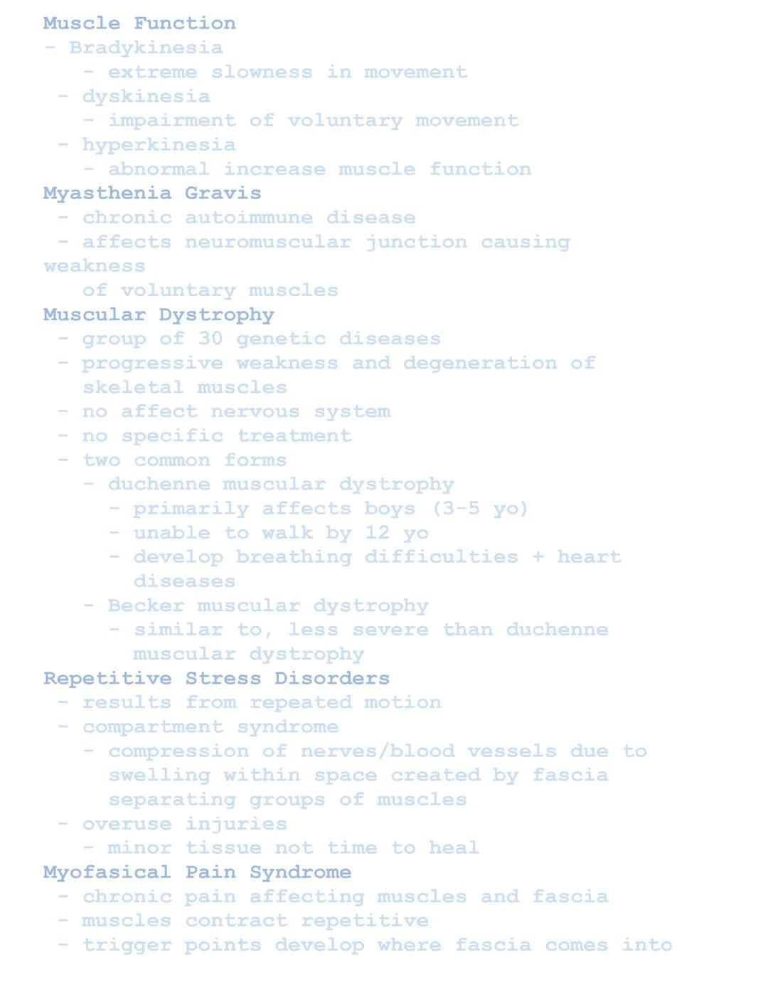 Muscular System

Related Combining Forms
Muscles: muscul/o, my/o, myos/o
Fascia: fasci/o
Tendons: ten/o, tend/o, tendin/o

Functions of Musc