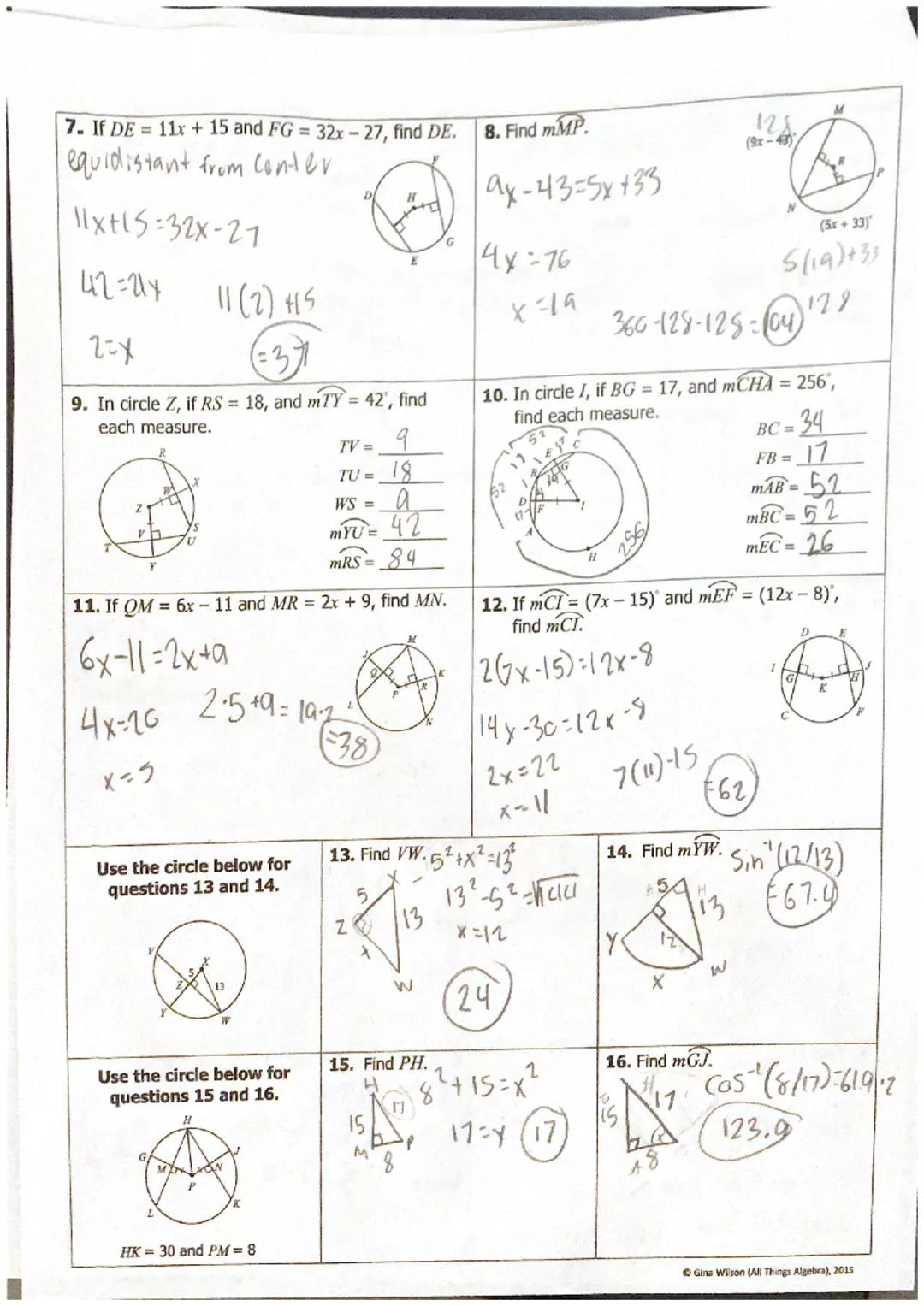 7. If DE 11x + 15 and FG = 32x-27, find DE.
equidistant from Conter
11xt15:32x-27
42=214
11(2) 15
37
8. Find mMP.

ax-43=5x+33
4x76
x=19
360