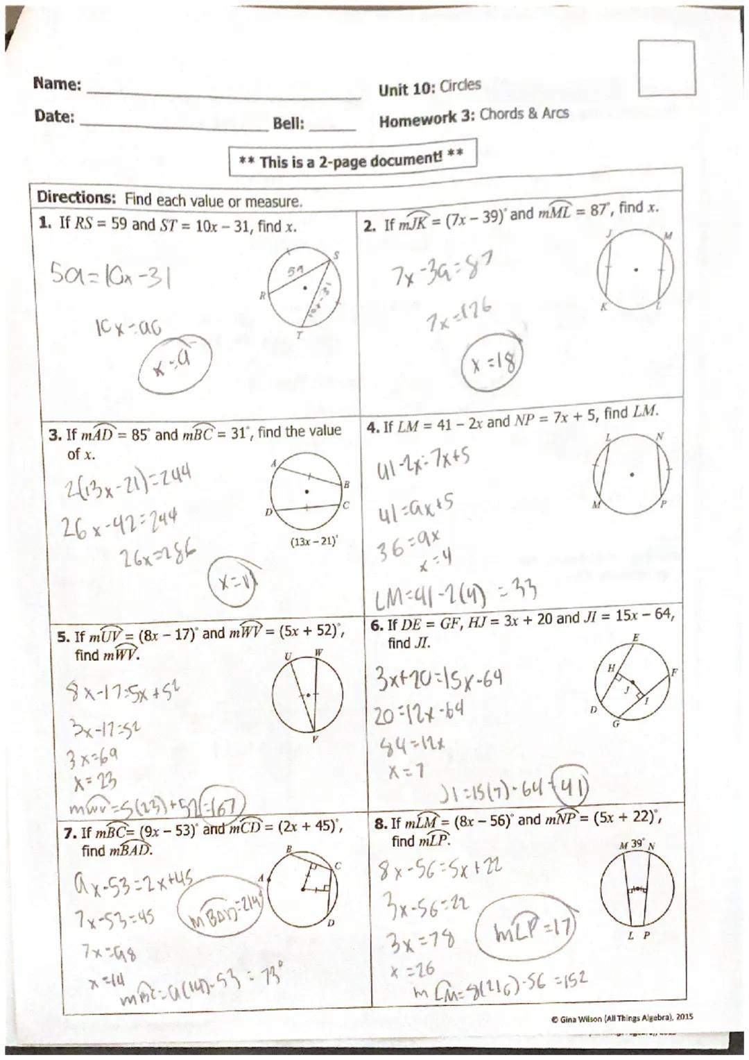 7. If DE 11x + 15 and FG = 32x-27, find DE.
equidistant from Conter
11xt15:32x-27
42=214
11(2) 15
37
8. Find mMP.

ax-43=5x+33
4x76
x=19
360