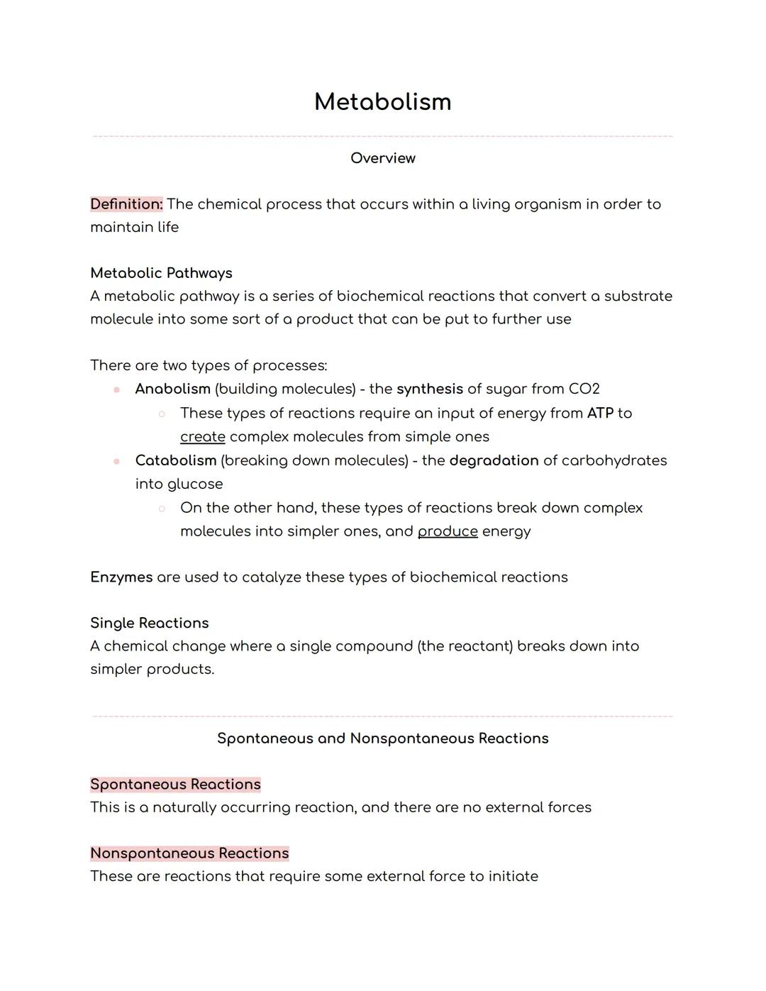 # Metabolism

Overview

Definition: The chemical process that occurs within a living organism in order to
maintain life

Metabolic Pathways
