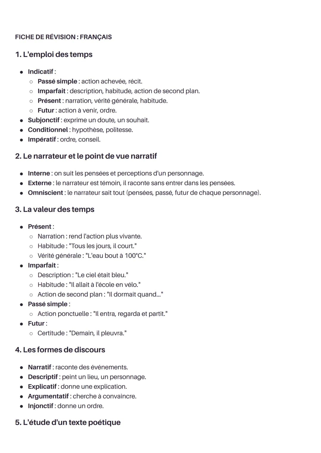 FICHE DE RÉVISION: FRANÇAIS

1. L'emploi des temps

*   Indicatif:

*   Passé simple: action achevée, récit.

*   Imparfait: description, ha
