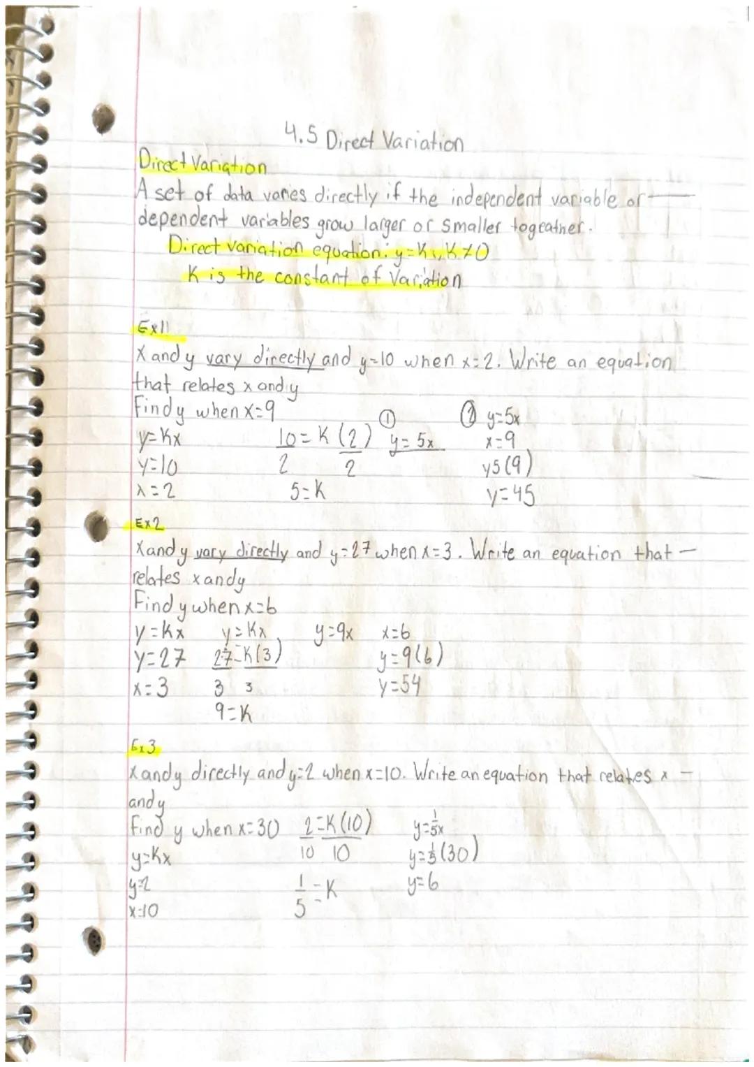 # 4.5 Direct Variation
Direct Variation.

A set of data vanes directly if the independent variable or
dependent variables grow larger of sma
