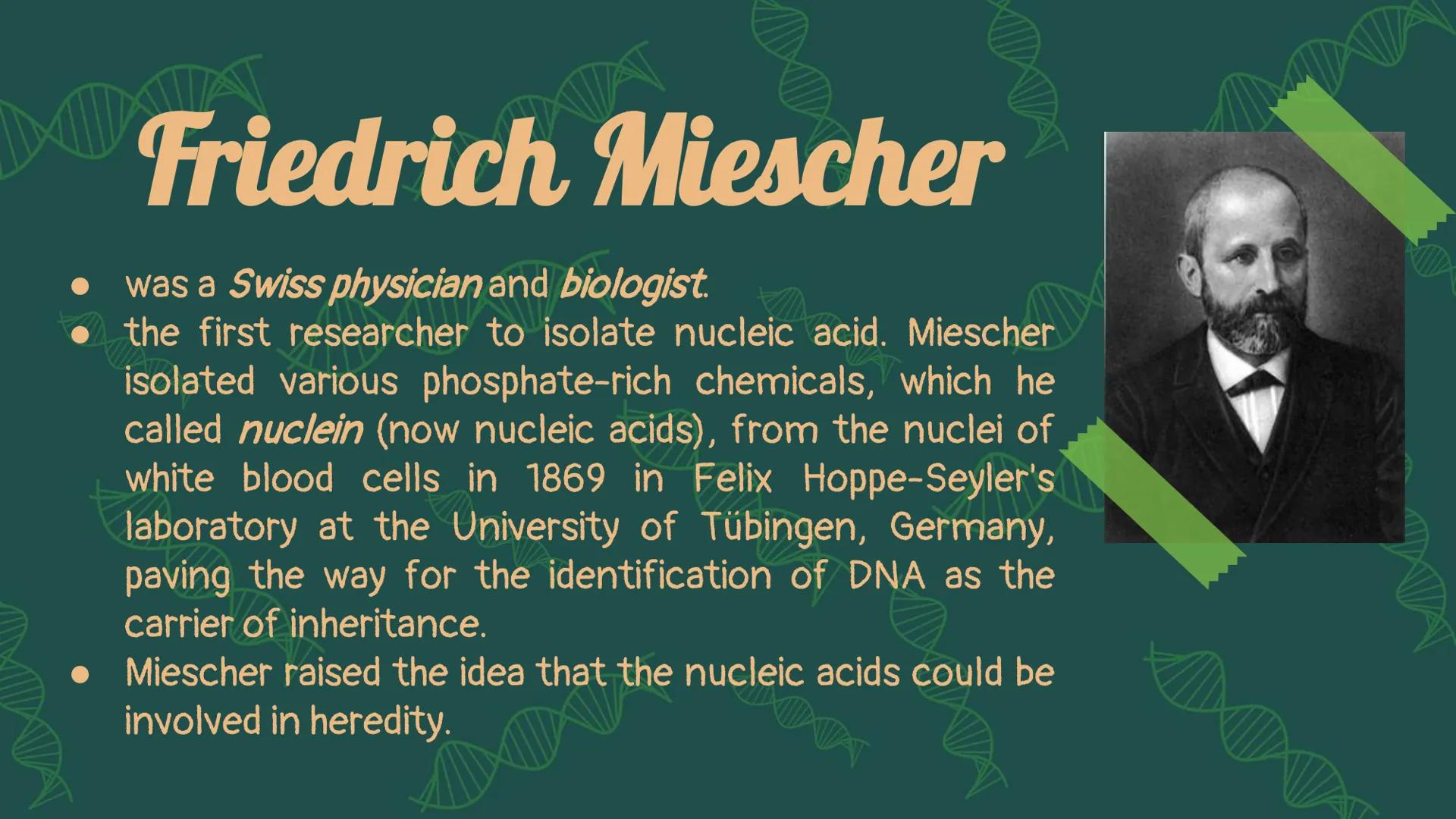 # NUCLEIC
# ACID When you hear the word
"nucleic acid", what
comes to your mind? # History on
Background # Friedrich Miescher
• was a Swiss 