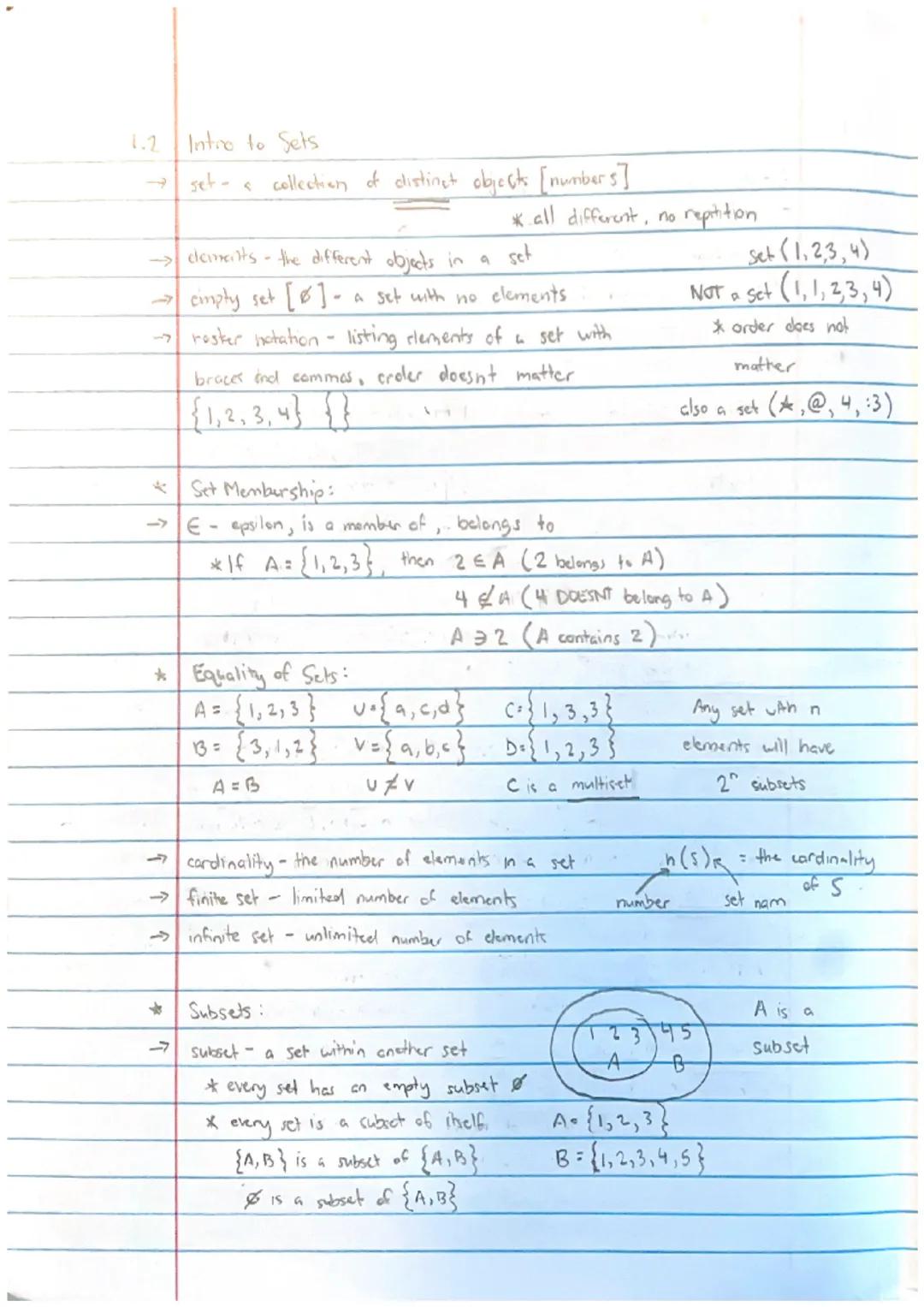 1.2 Intro to Sets

→seta collection of distinct objects [numbers]
* all different, no reptition

→cleimeints the different objects in a set
