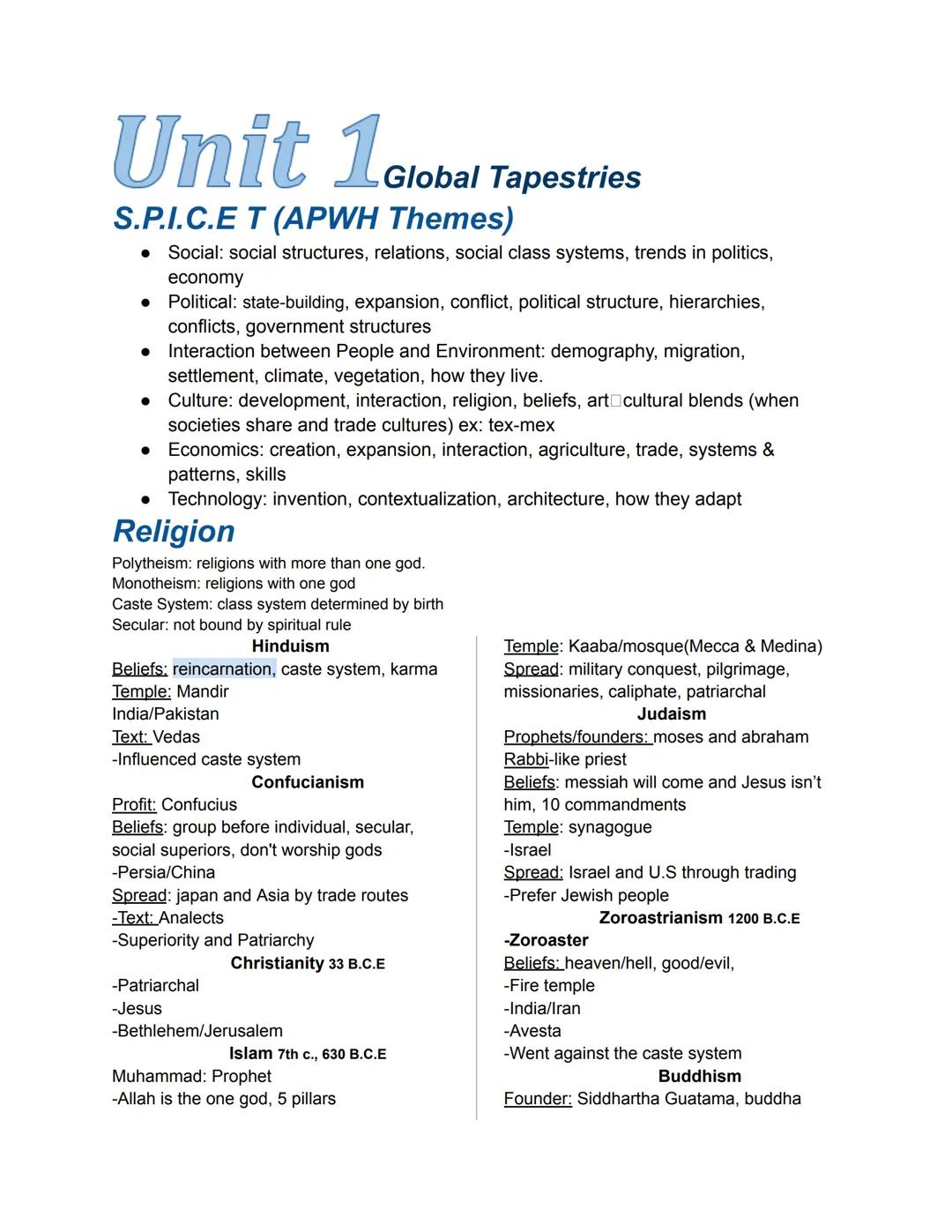 # Unit 1 Global Tapestries

S.P.I.C.E T (APWH Themes)

*   Social: social structures, relations, social class systems, trends in politics,
e