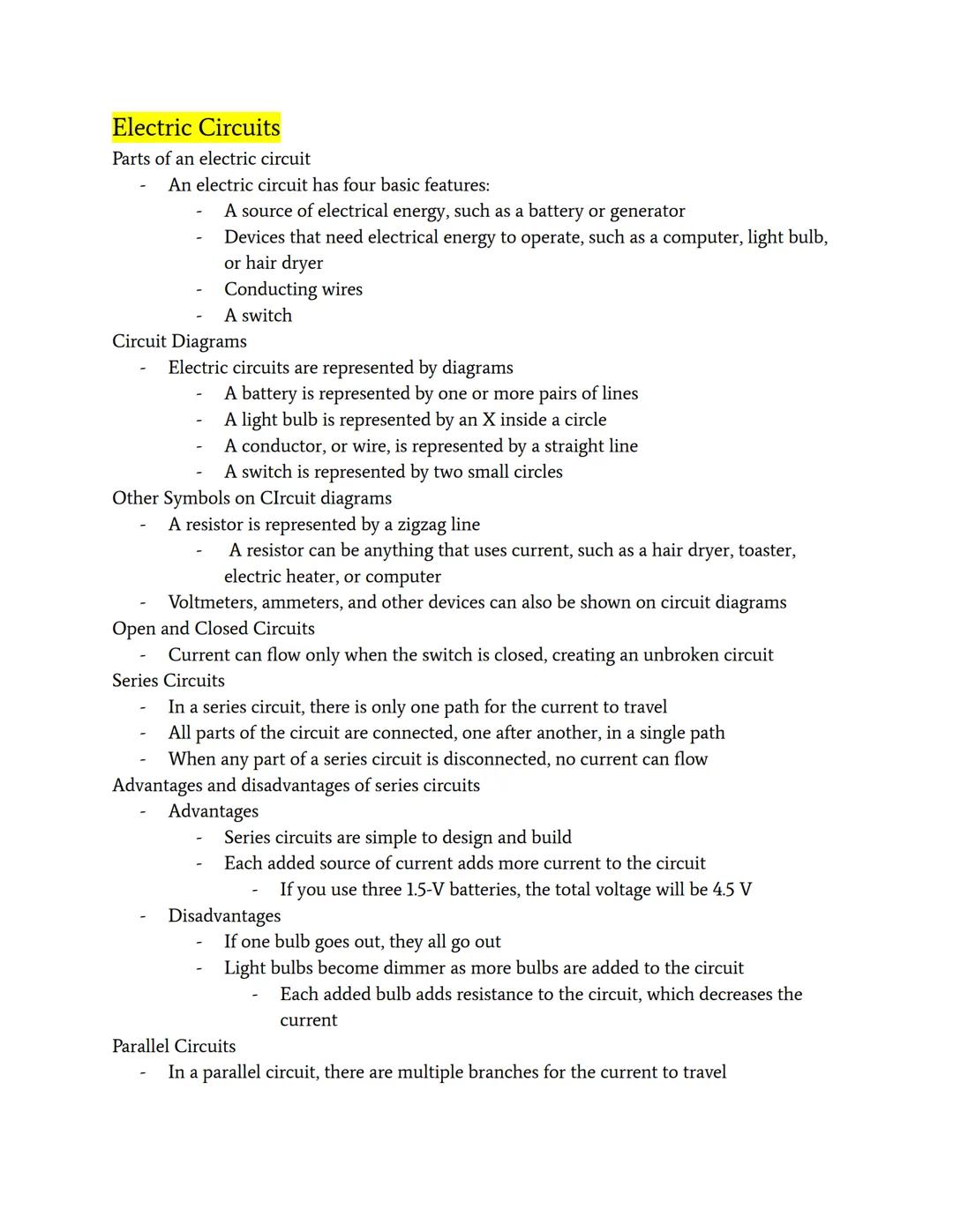 # Electric Circuits

Parts of an electric circuit

- An electric circuit has four basic features:
  - A source of electrical energy, such as