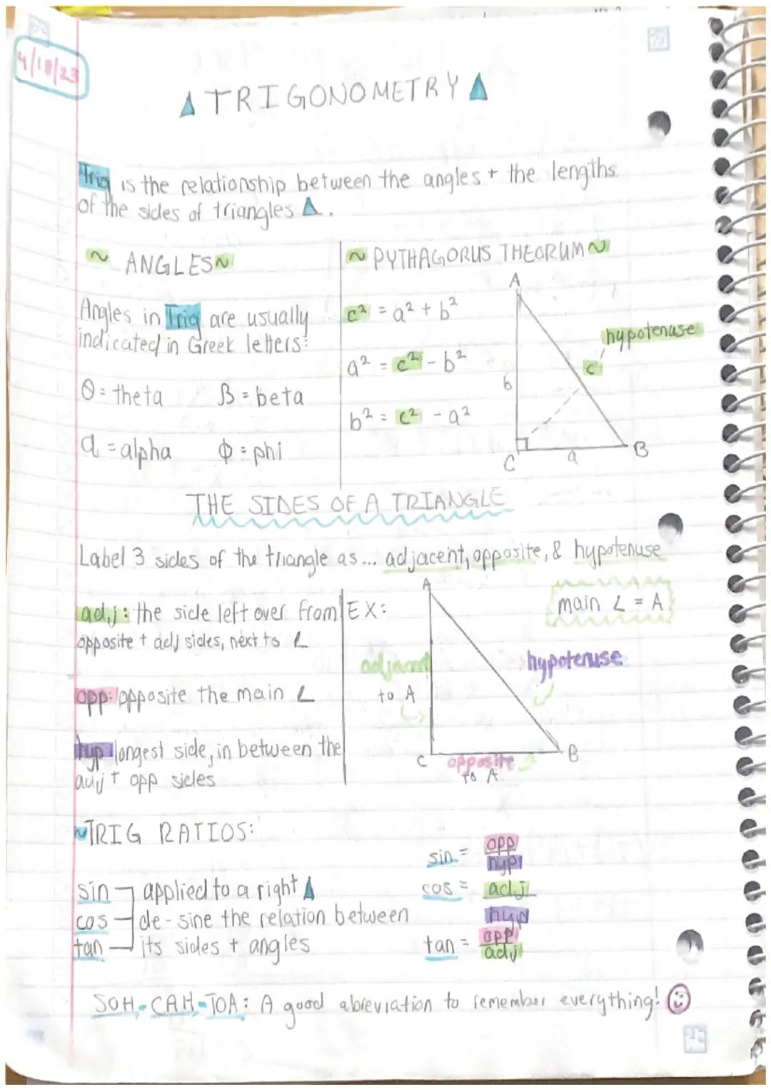 4/18/23

A TRIGONOMETRYA

Frig is the relationship between the angles + the lengths.
of the sides of triangles A.

ANGLESN
Angles in Tria ar