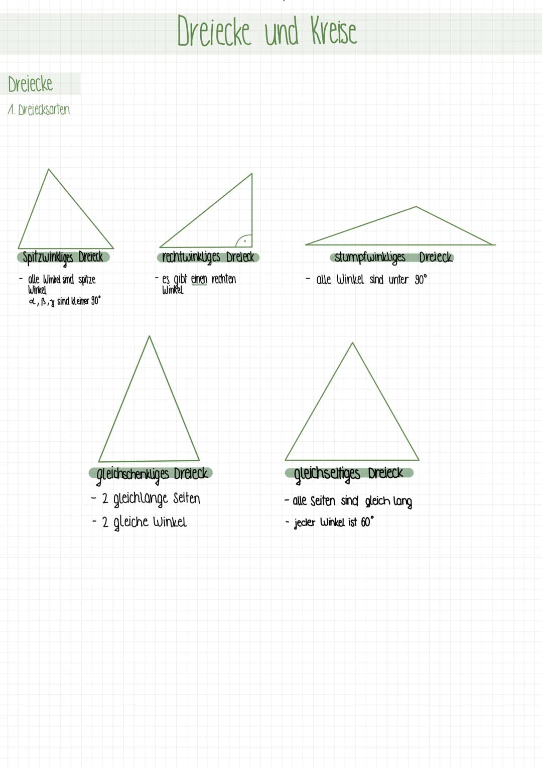Dreiecke und Kreise

Dreiecke
1. Dreiecksarten

Spitzwinkliges Dreieck
- alle Winkel sind spitze
Winkel
- $\alpha$, $\beta$, y sind kleiner 