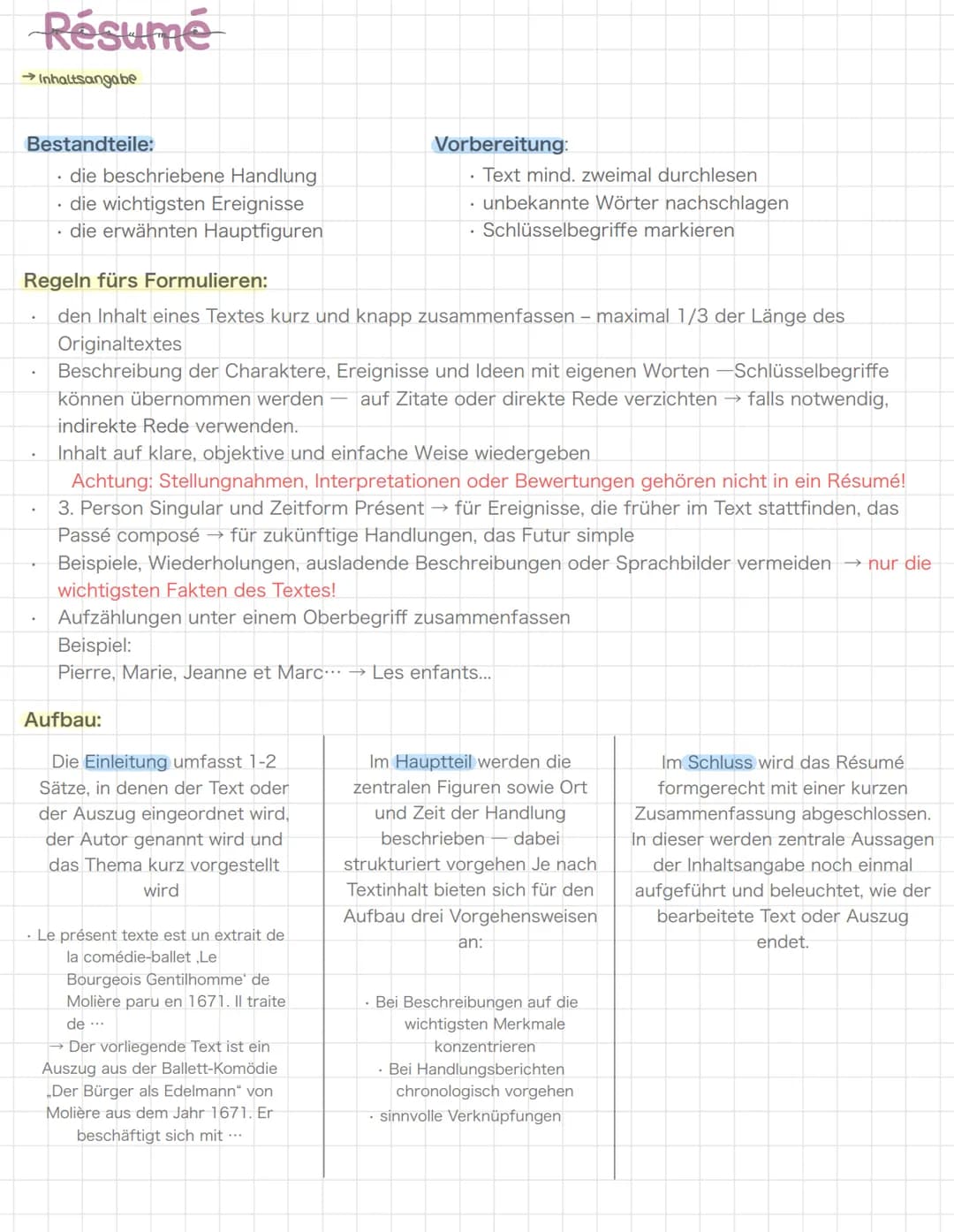 # Résumé

→Inhaltsangabe

Bestandteile:
- die beschriebene Handlung
- die wichtigsten Ereignisse
- die erwähnten Hauptfiguren

Regeln fürs F