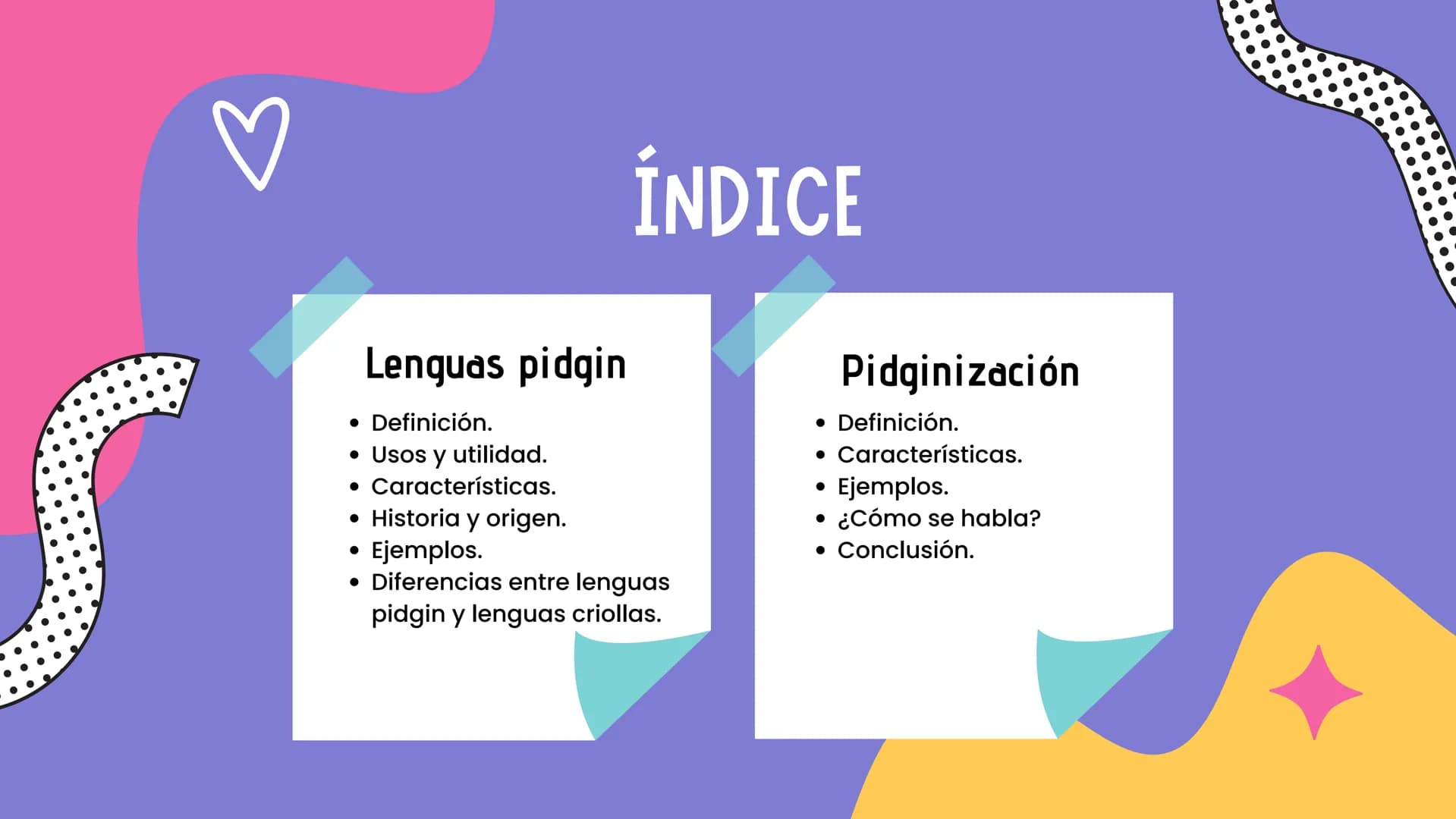 LENGUAS PIDGIN

Y PIDGINIZACIÓN # ÍNDICE

Lenguas pidgin

• Definición.

• Usos y utilidad.

• Características.

• Historia y origen.

• Eje