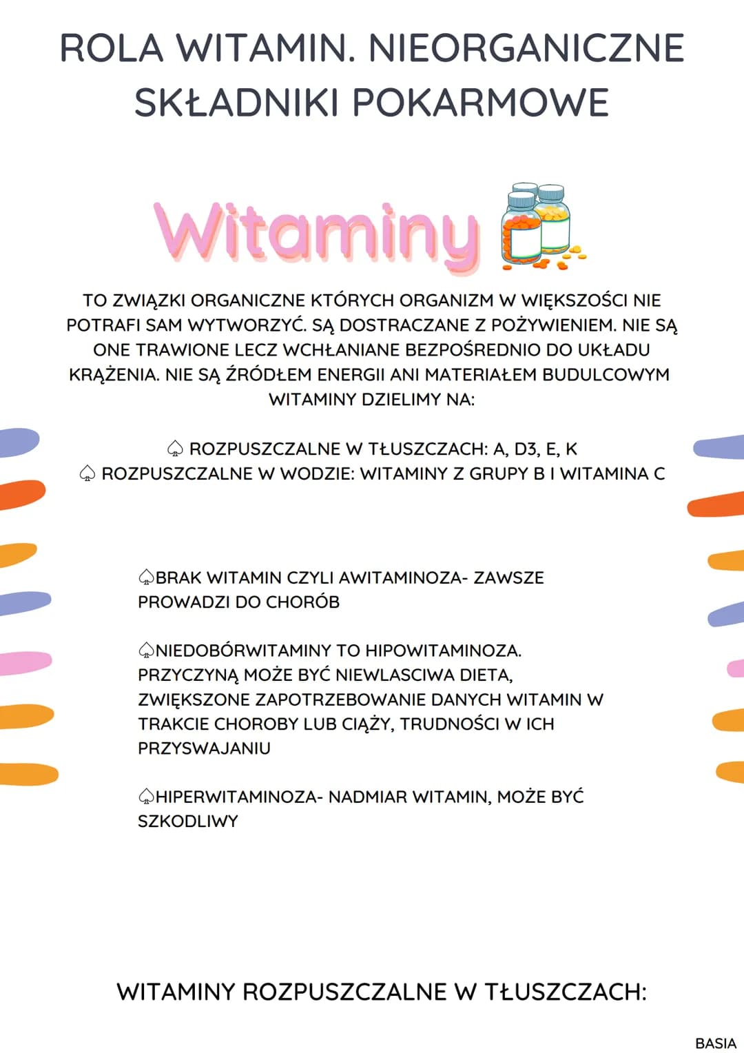 # ROLA WITAMIN. NIEORGANICZNE
SKŁADNIKI POKARMOWE

# Witaminy

TO ZWIĄZKI ORGANICZNE KTÓRYCH ORGANIZM W WIĘKSZOŚCI NIE
POTRAFI SAM WYTWORZYĆ