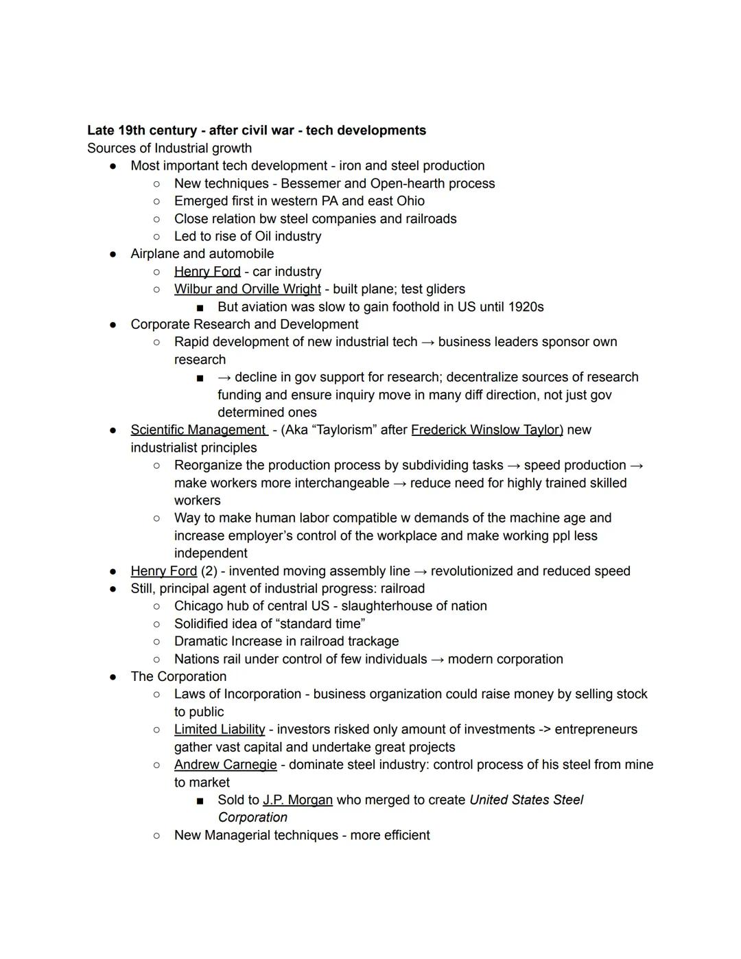 Late 19th century - after civil war - tech developments
Sources of Industrial growth
*   Most important tech development - iron and steel pr