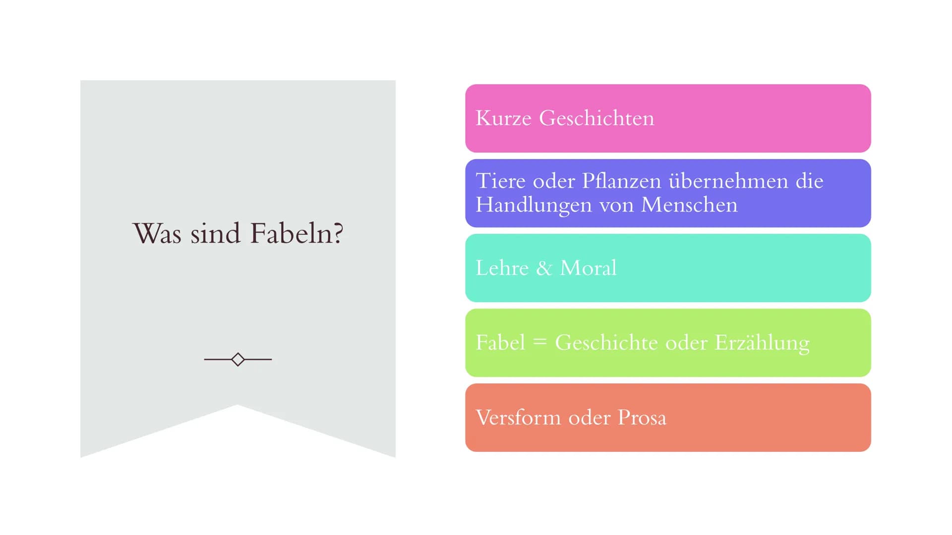 FABELN

 Was sind Fabeln?

Kurze Geschichten

Tiere oder Pflanzen übernehmen die
Handlungen von Menschen

Lehre & Moral

Fabel = Geschichte 