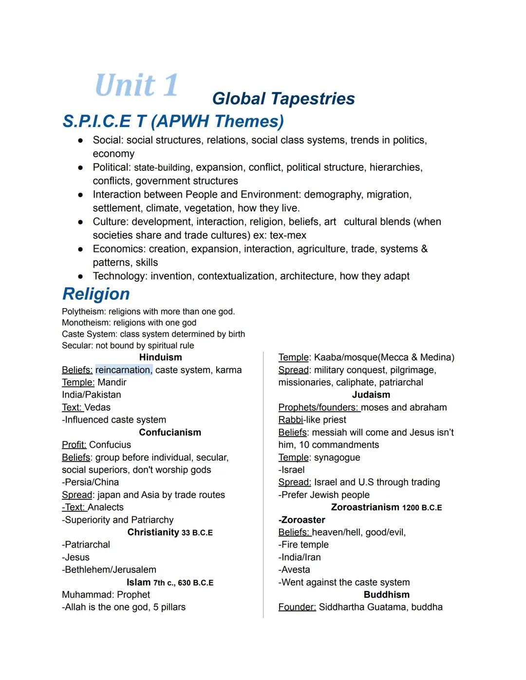 # Unit 1

# Global Tapestries

S.P.I.C.E T (APWH Themes)

*   Social: social structures, relations, social class systems, trends in politics