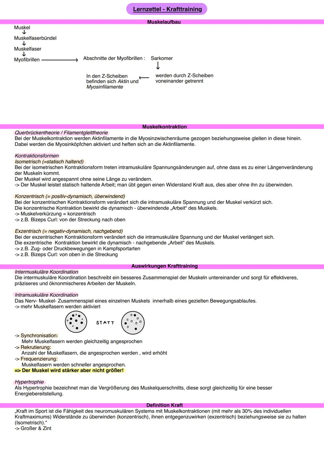 # Lernzettel - Krafttraining

Muskel
↓
Muskelfaserbündel
↓
Muskelfaser
Myofibrillen

Muskelaufbau

Abschnitte der Myofibrillen: Sarkomer
↓

