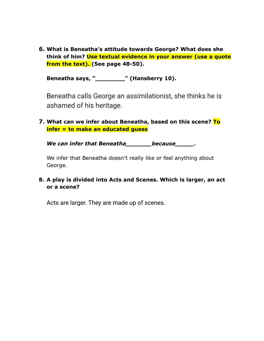 # ARAISIN

# SUN

Comprehension Questions
Act I, Scene One
Pages 23-53

Character List (In Order of Appearance)
- Ruth Younger: Walter's wif