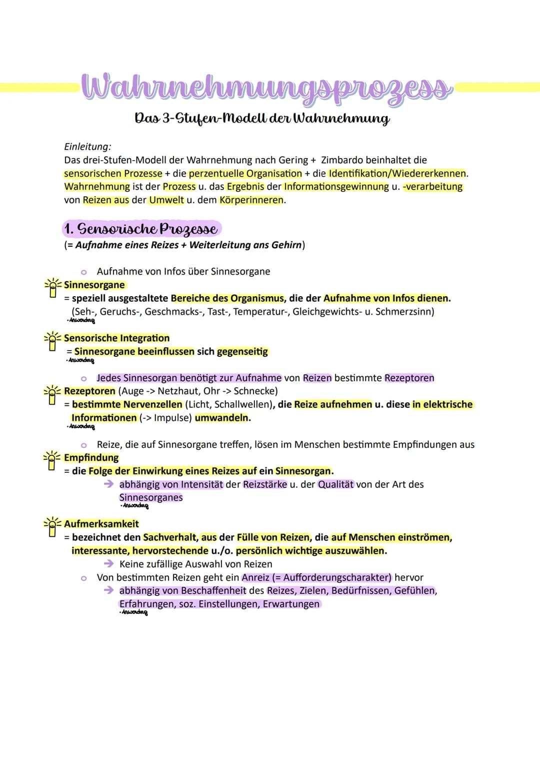 FACHABITUR # Wahrnehmung


 Wahrnehmung
= der Prozess u. das Ergebnis der Informationsgewinnung u. -verarbeitung von Reizen aus
der Umwelt u