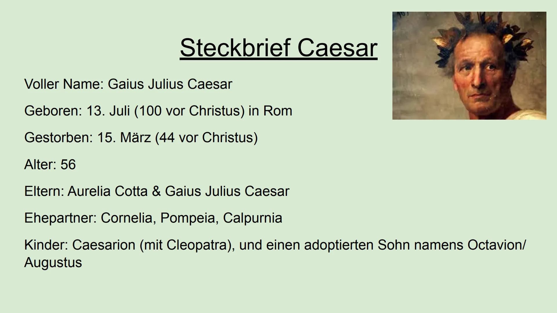 # Caesar und Cleopatra # Aufbau

- Steckbrief/ Biografie Cleopatra
- Steckbrief Caesar
- Beziehung zwischen den beiden
- Cleopatras Selbstmo