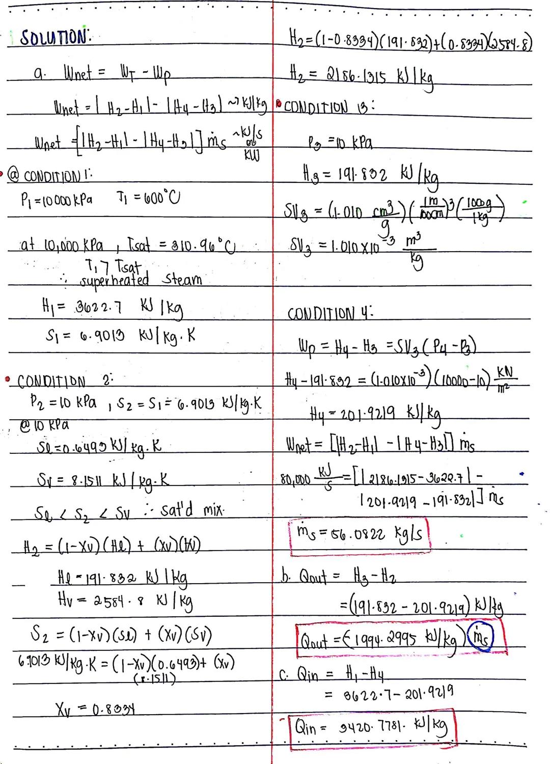 SAMPLE PROBLEM I

1. Compute the thermal efficiency of an ideal Rankine cycle
for which steam leaves the boiler as superheated vapor at
6 MP