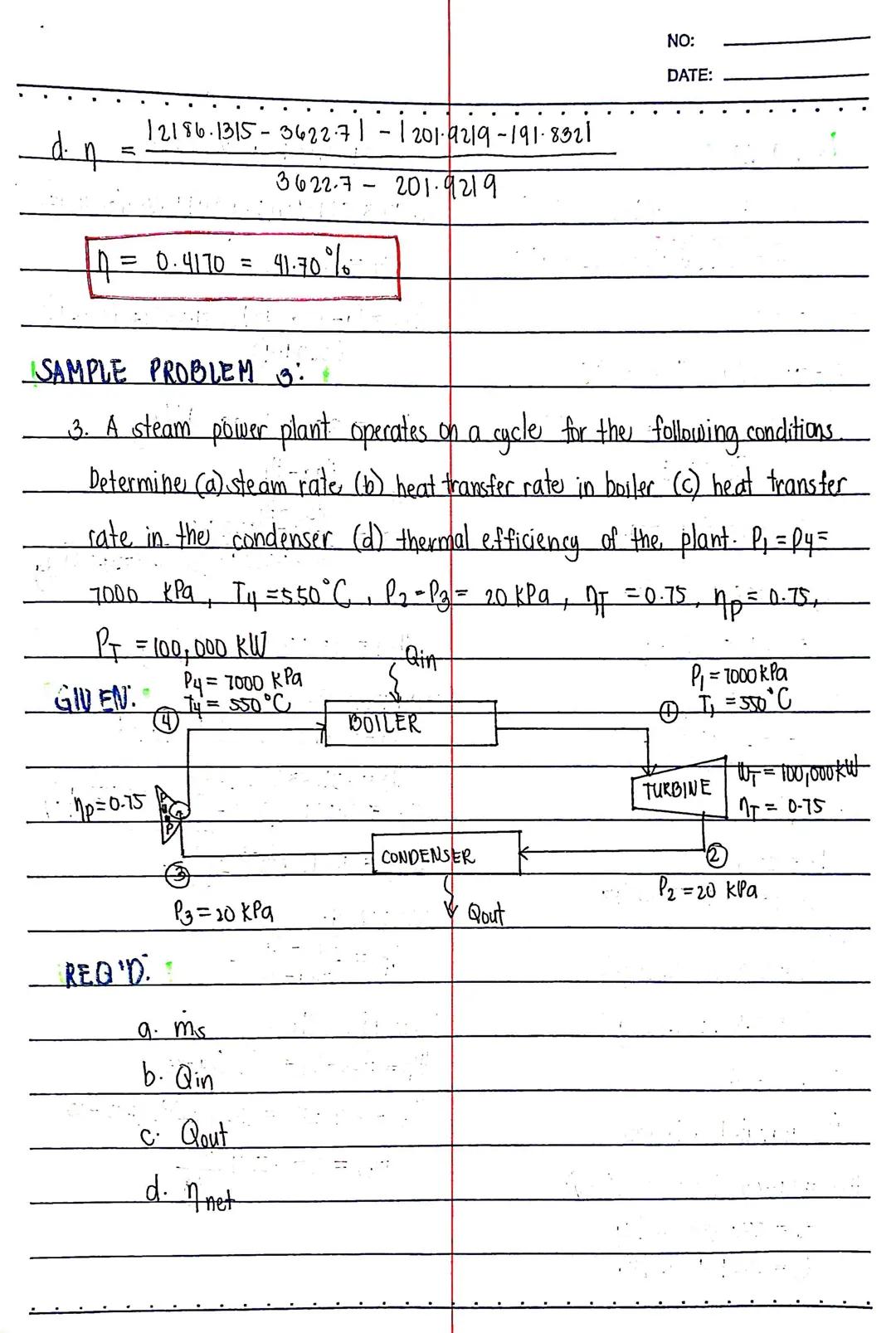 SAMPLE PROBLEM I

1. Compute the thermal efficiency of an ideal Rankine cycle
for which steam leaves the boiler as superheated vapor at
6 MP