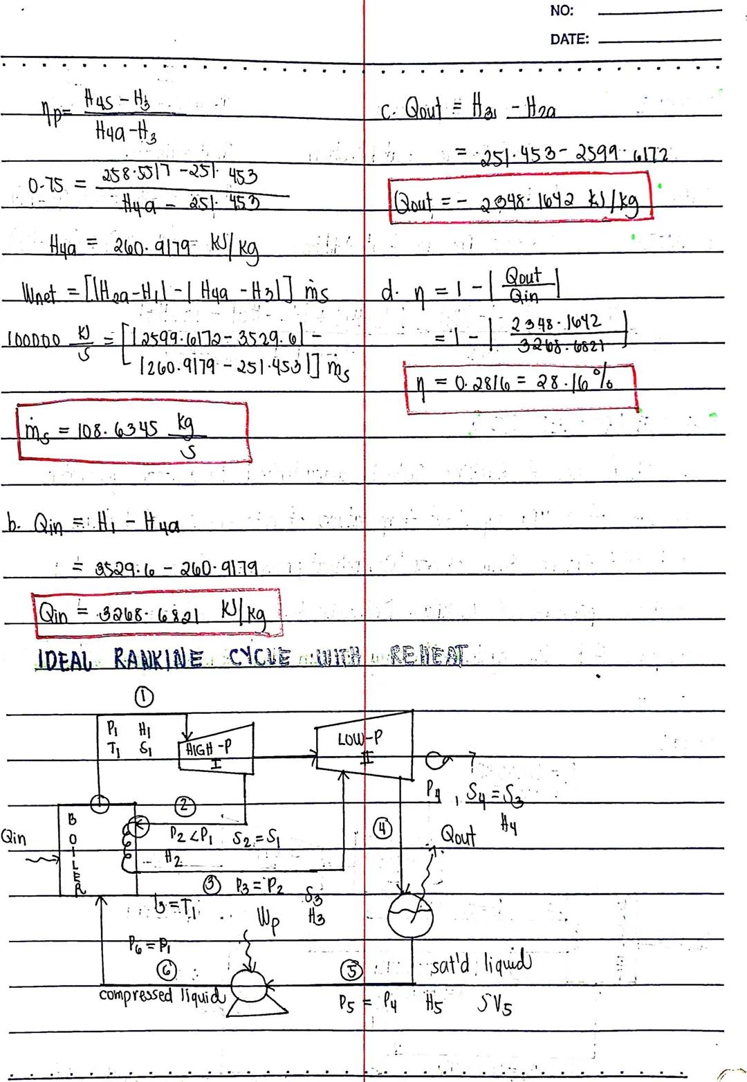 SAMPLE PROBLEM I

1. Compute the thermal efficiency of an ideal Rankine cycle
for which steam leaves the boiler as superheated vapor at
6 MP