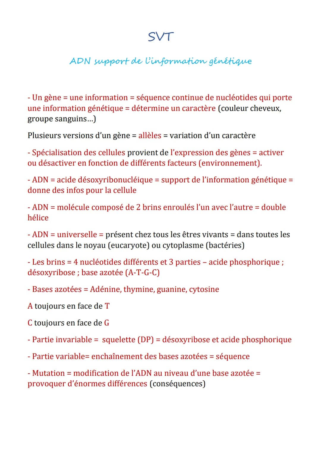 # SVT

ADN support de l'information génétique

- Un gène = une information = séquence continue de nucléotides qui porte
une information géné