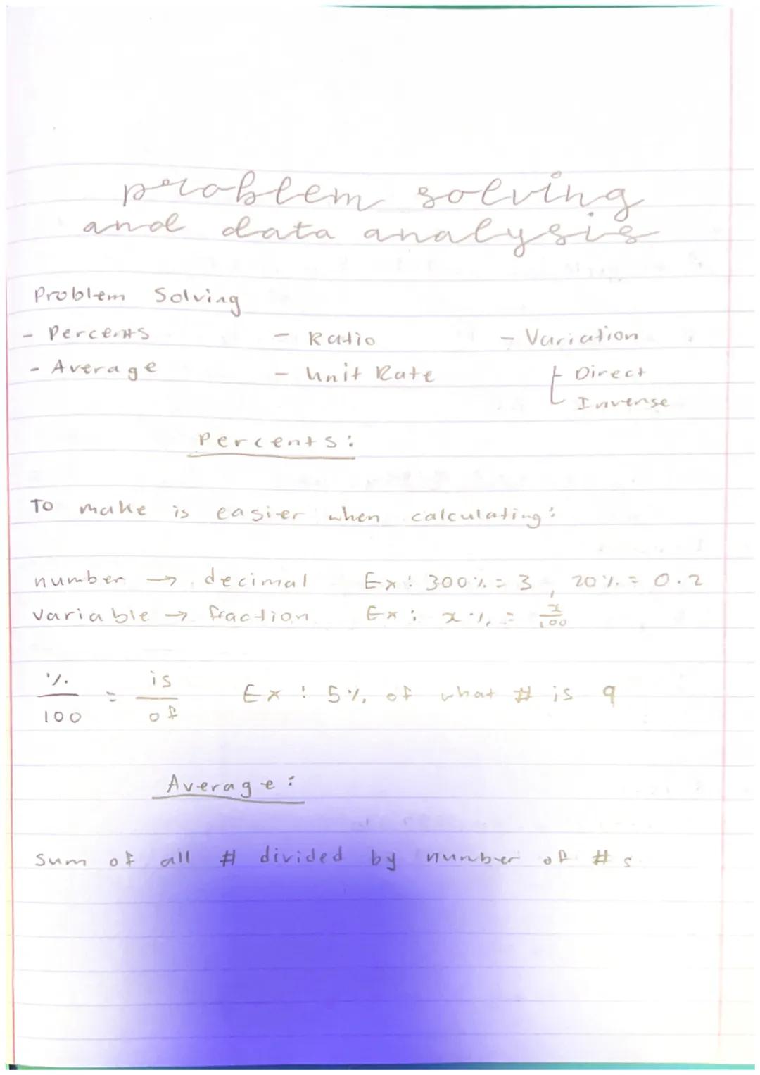 problem solving
and data analysi

Problem Solving.
- Percerts
- Ratio
- Variation
- Average
- Unit Rate

$	 Direct$
$	 Inverse$

Percents:


