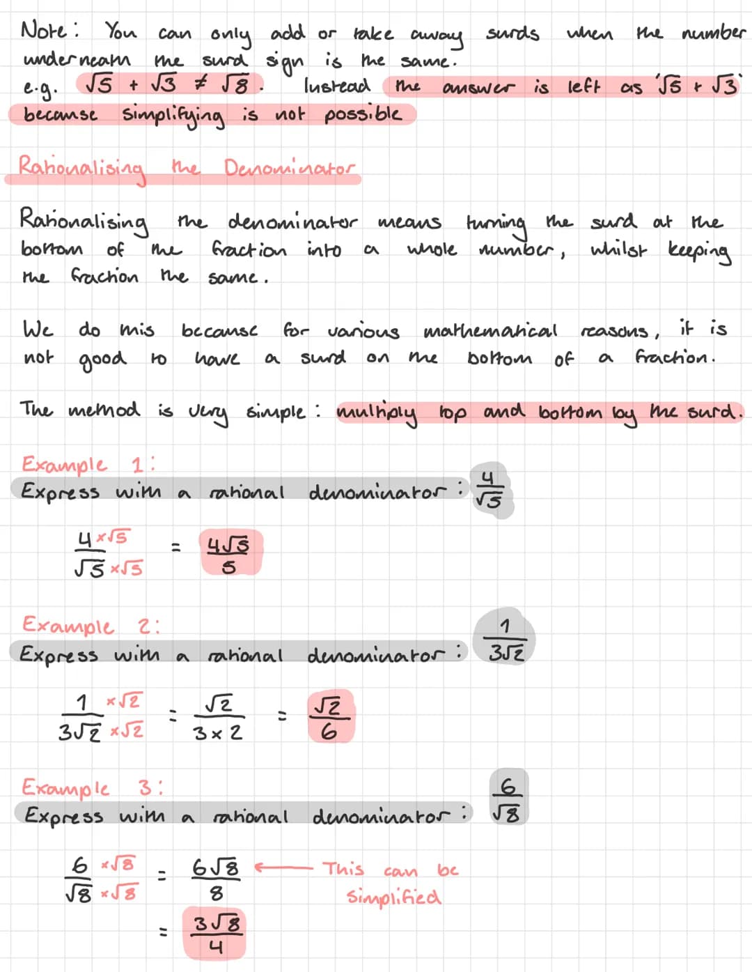# Nat S Maths Revision - Surds

A surd is a square root (or cube root etc.) which does not
have an exact answer.
e.g. √2 = 1-414213..., so √