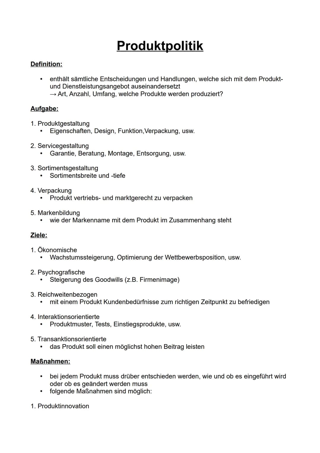 # Produktpolitik

Definition:

- enthält sämtliche Entscheidungen und Handlungen, welche sich mit dem Produkt-
und Dienstleistungsangebot au