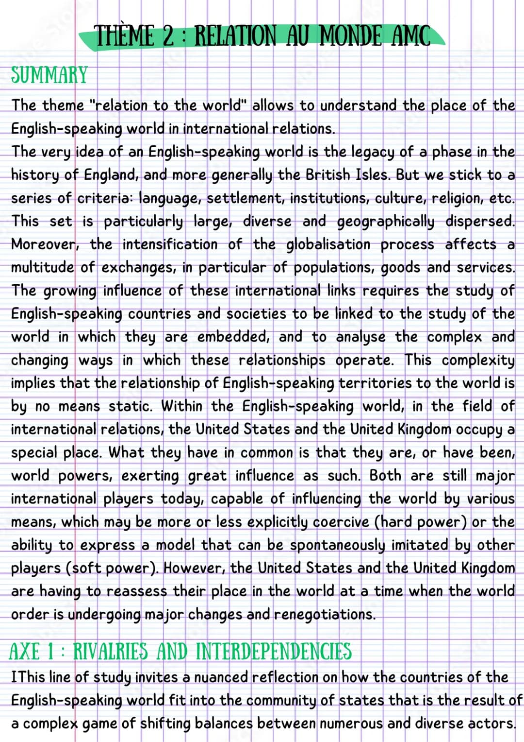 THEME 2: RELATION AU MONDE AMC

SUMMARY

The theme "relation to the world" allows to understand the place of the
English-speaking world in i