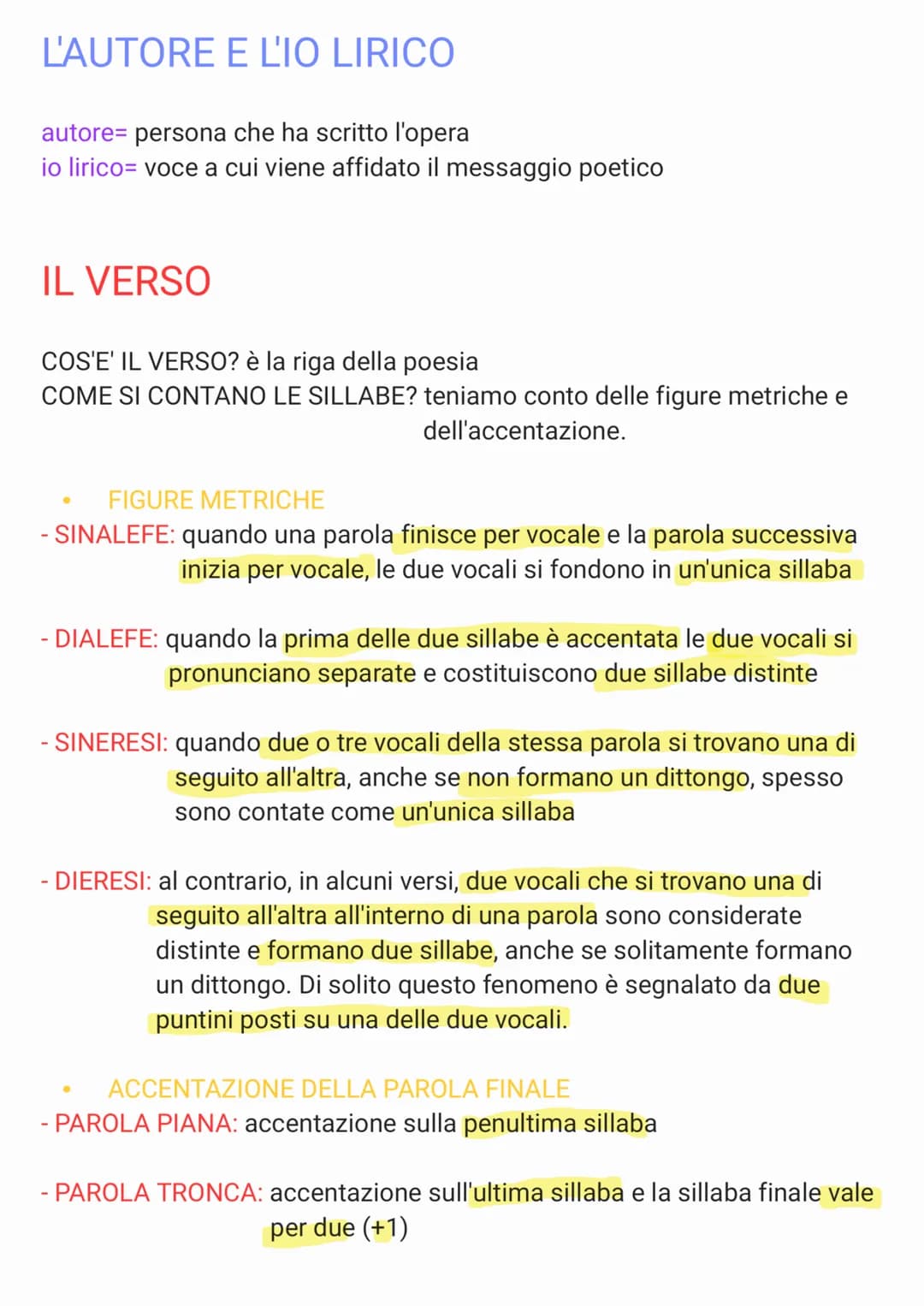 # L'AUTORE E L'IO LIRICO

autore= persona che ha scritto l'opera
io lirico= voce a cui viene affidato il messaggio poetico

# IL VERSO

COS'