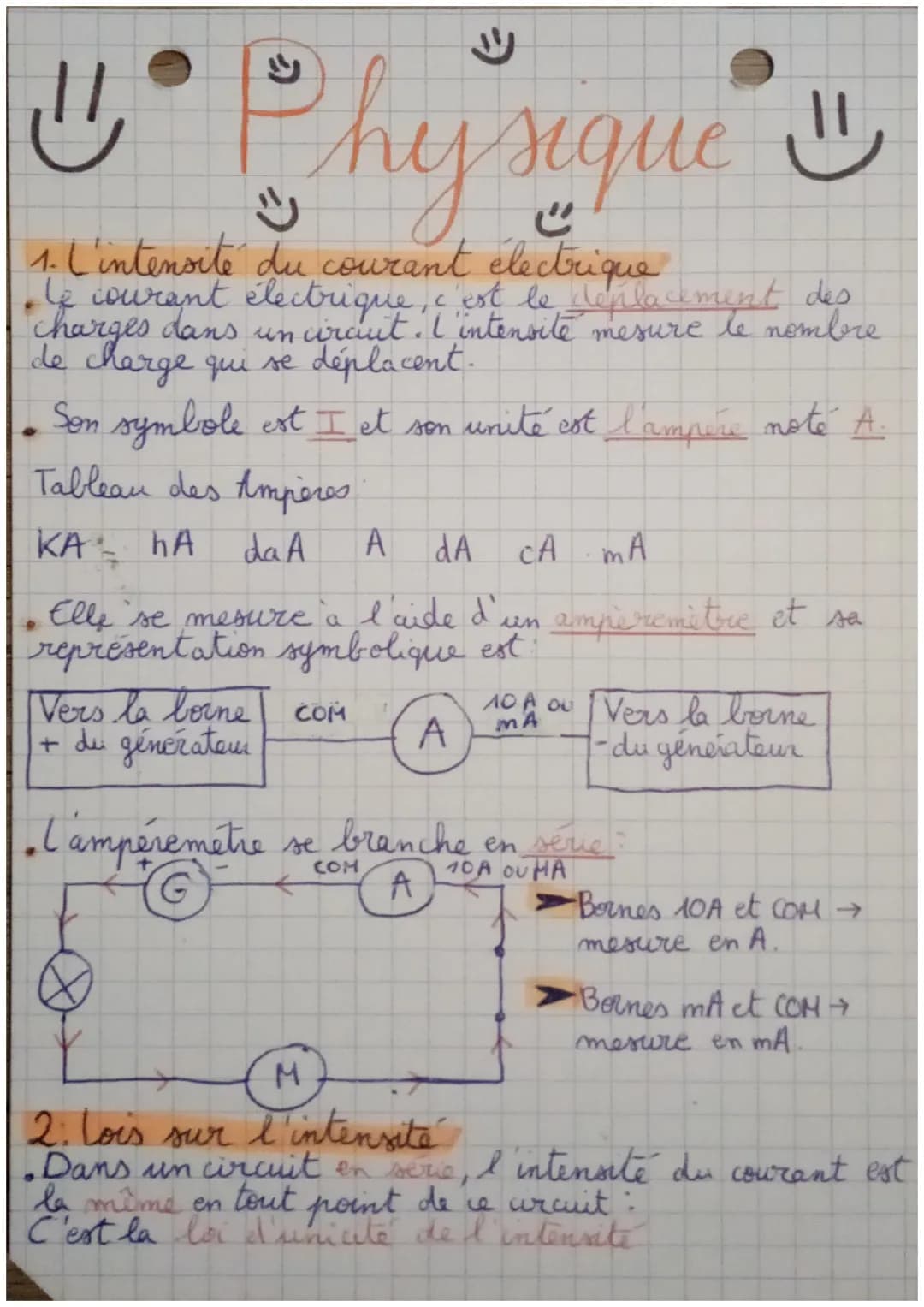 # Physique 

1. L'intensité du courant electrique
*   le courant électrique, c'est le le déplacement def des
charges dans un circuit. I'inte