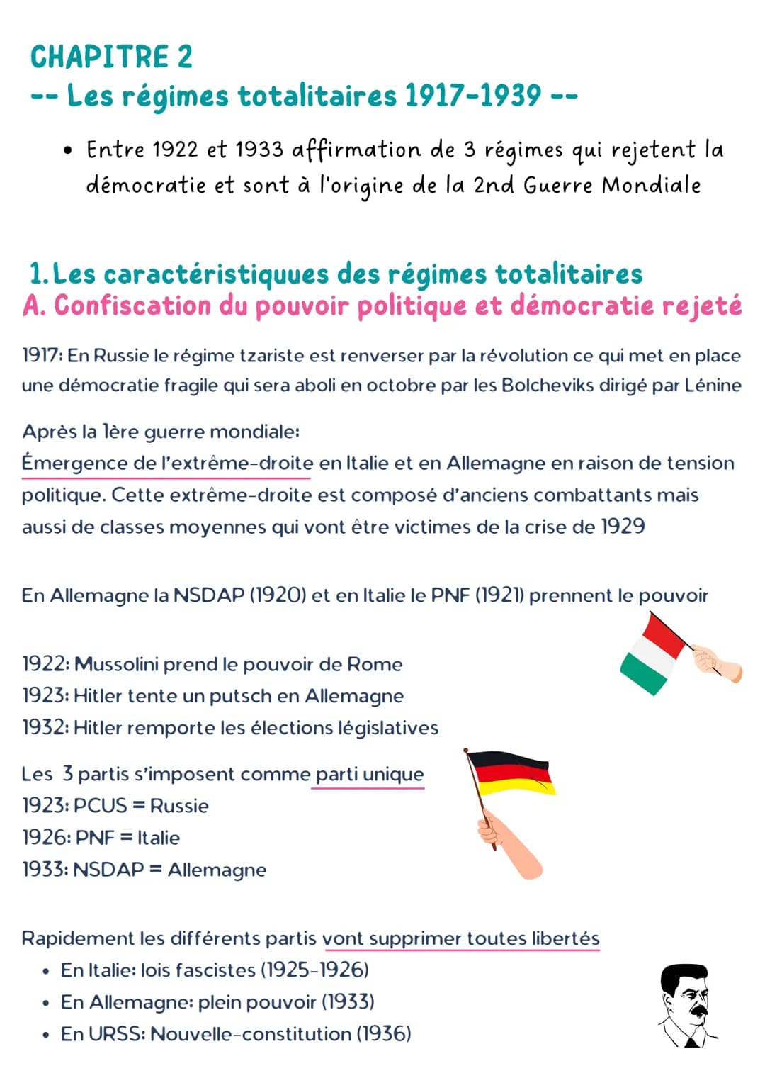 CHAPITRE 2

Les régimes totalitaires 1917-1939 --

*   Entre 1922 et 1933 affirmation de 3 régimes qui rejetent la
démocratie et sont à l'or