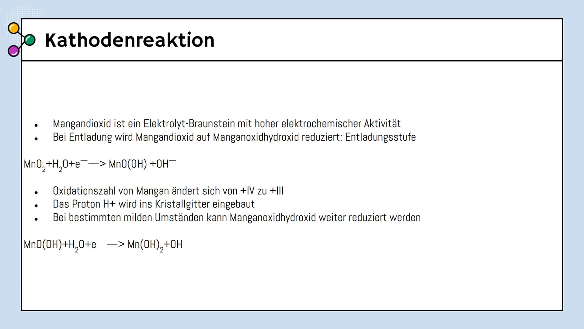 # Alkali-Mangan-Batterie

Alissa, Eliza und Nikola

Chemie Lk Gliederung

Grundlagen
Schematischer Aufbau, Reaktion

02
Merkmale
Zelltyp, Ne