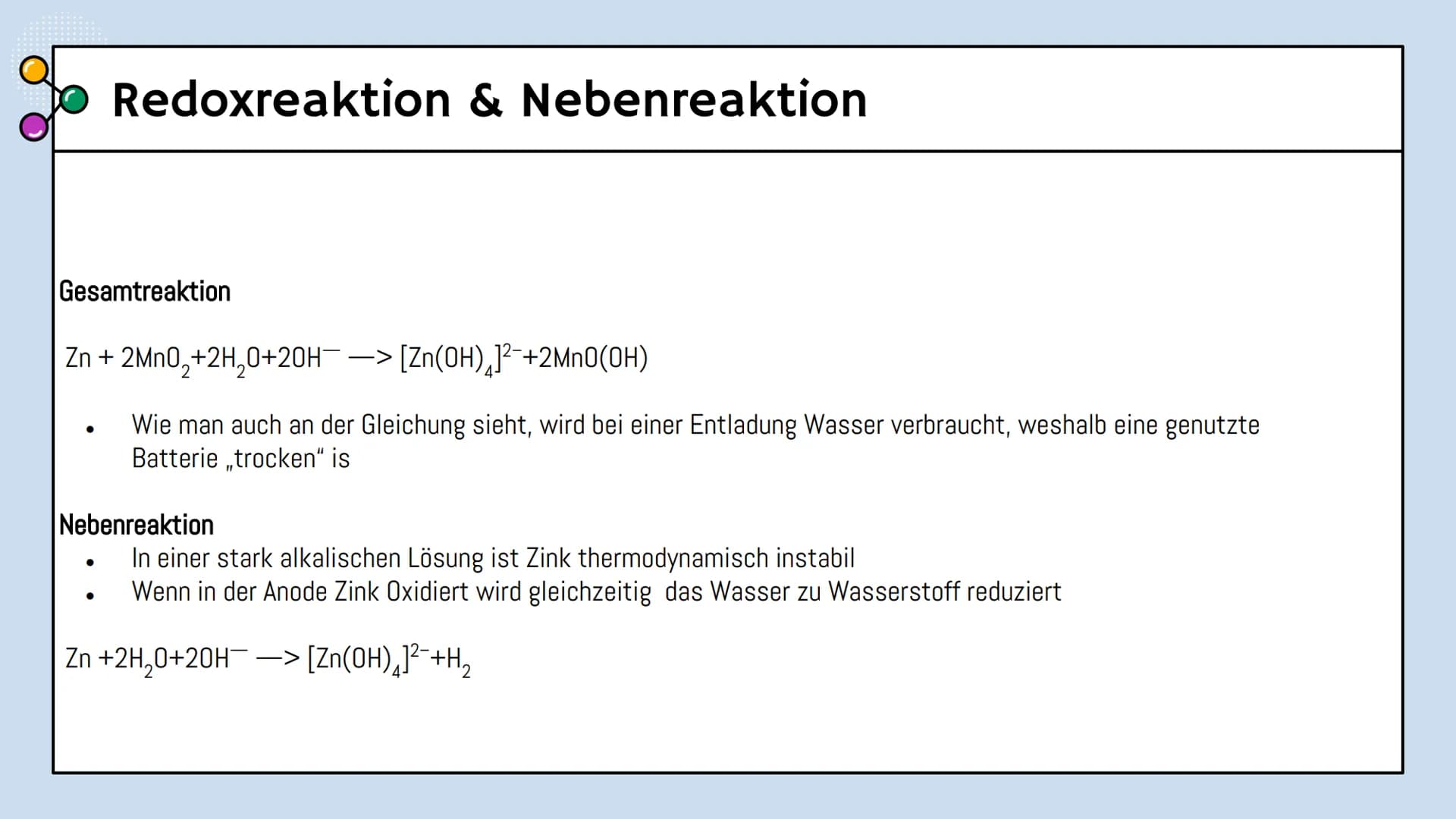 # Alkali-Mangan-Batterie

Alissa, Eliza und Nikola

Chemie Lk Gliederung

Grundlagen
Schematischer Aufbau, Reaktion

02
Merkmale
Zelltyp, Ne