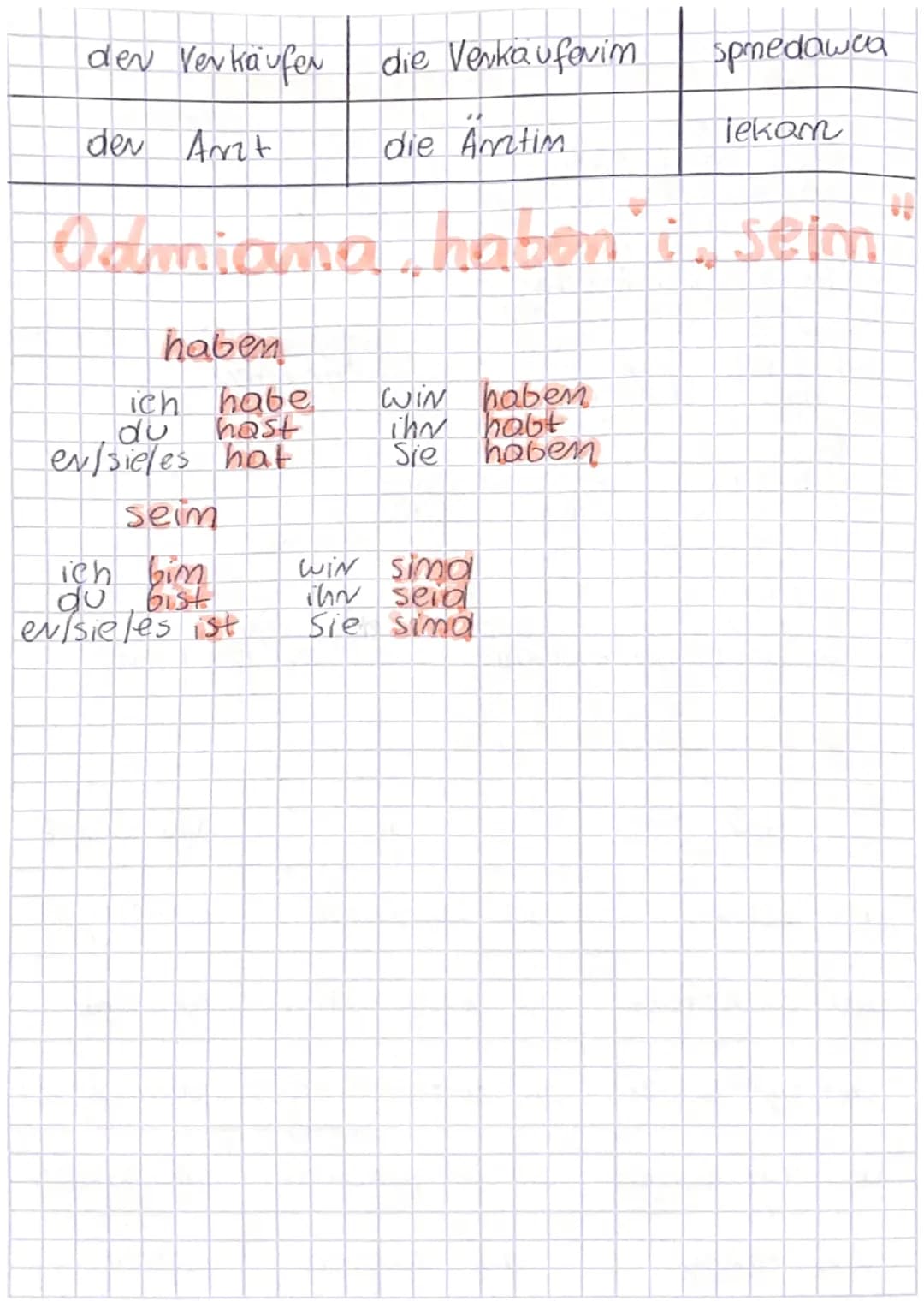 dev Verkäufer
die Verkäufevim
spmedawca

der Arzt
die Antim
lekam

Odmiama , haben i, seim

haben
ich habe
win hoben
du hast
ihr habt
ev/sie