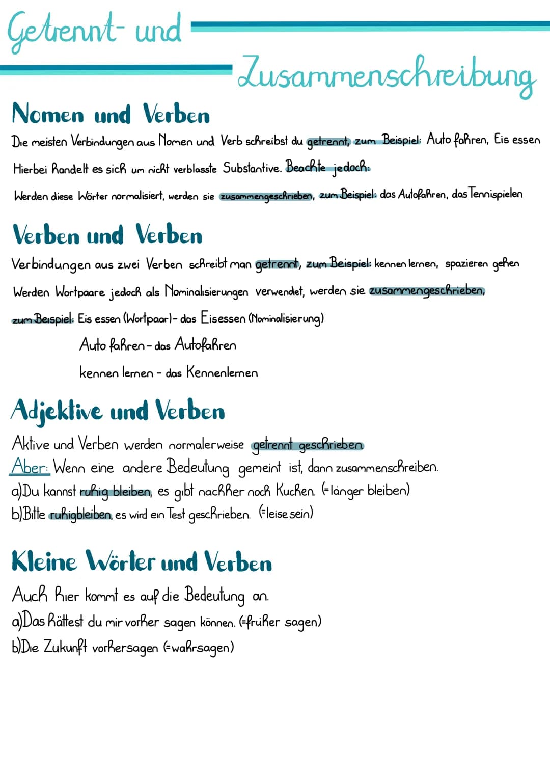 # Getrennt- und

# Nomen und Verben
Zusammenschreibung
Die meisten Verbindungen aus Nomen und Verb schreibst du getrennt, zum Beispiel: Auto