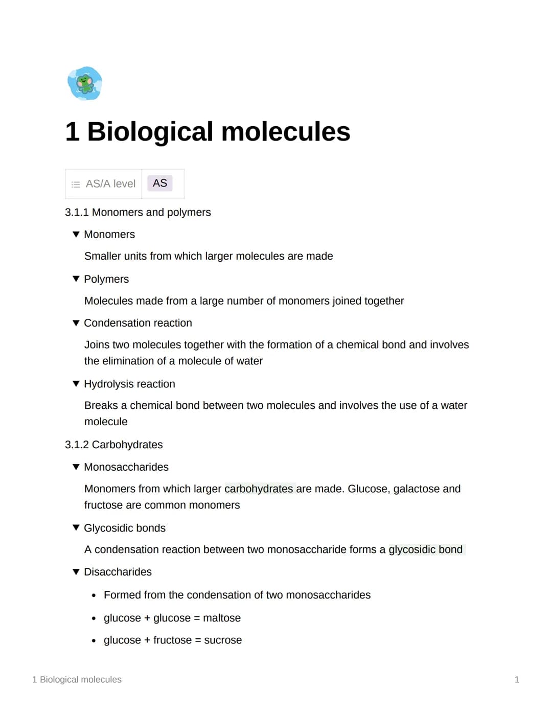 
<h2>Monomers and Polymers</h2>
<p>In biological molecules, monomers are smaller units from which larger molecules are made, while polymers 