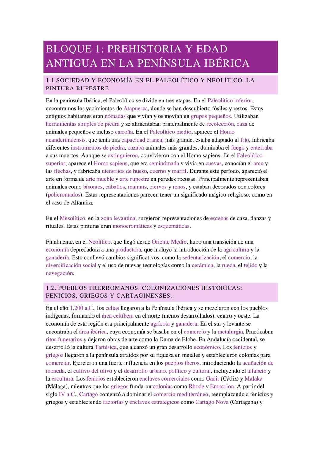# BLOQUE 1: PREHISTORIA Y EDAD
ANTIGUA EN LA PENÍNSULA IBÉRICA

1.1 SOCIEDAD Y ECONOMÍA EN EL PALEOLÍTICO Y NEOLÍTICO. LA
PINTURA RUPESTRE

