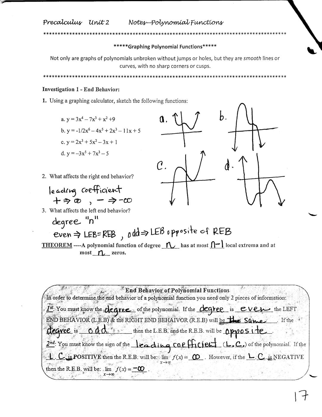 Precalculus Unit 2 Notes-Polynomial Functions

*****Graphing Polynomial Functions*****
Not only are graphs of polynomials unbroken without j