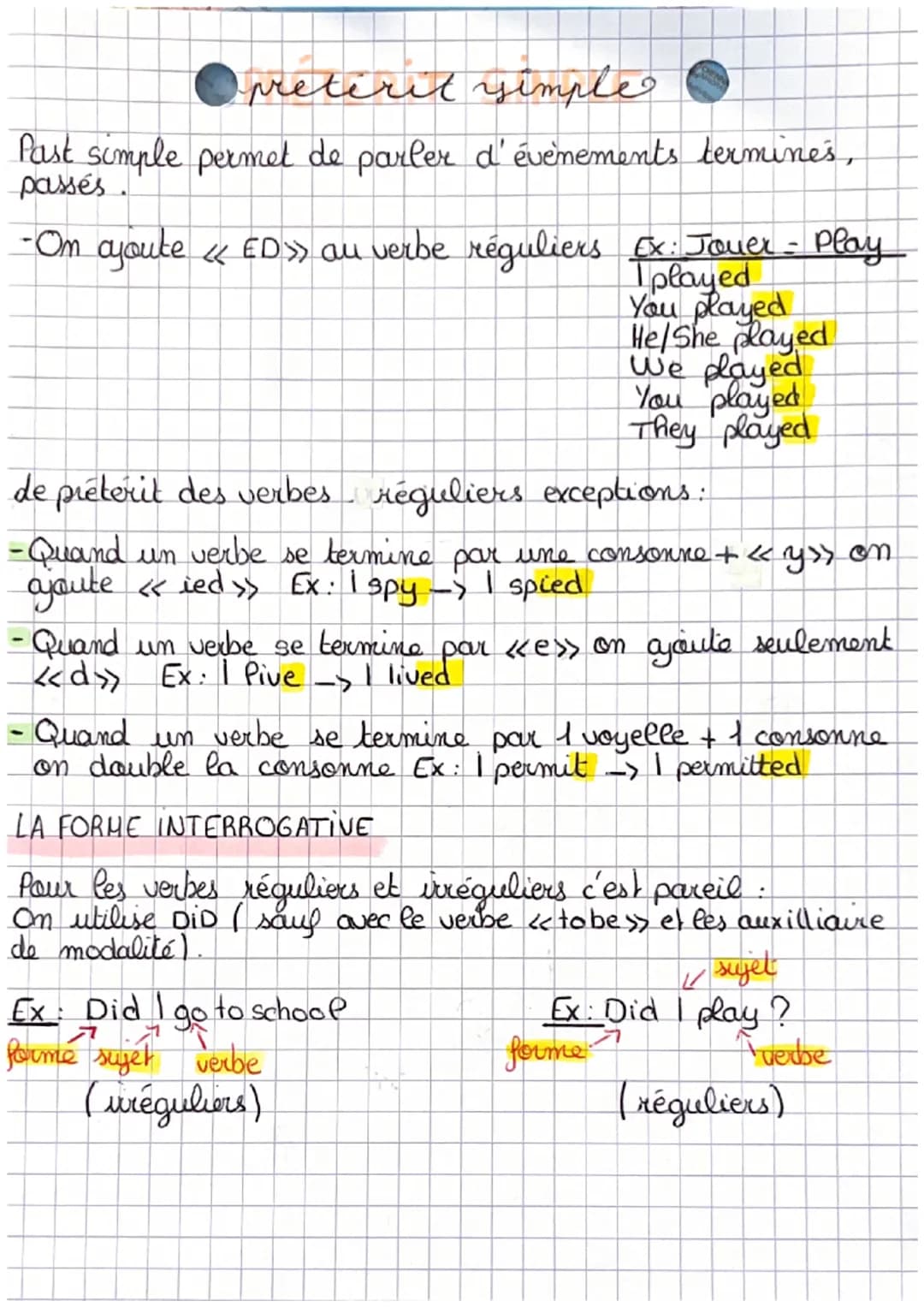 # prétérit simple

Past simple permet de parler d'événements termines,
passés.

-Om ajoute << ED>> au verbe réguliers Ex: Jouer = Play

I pl