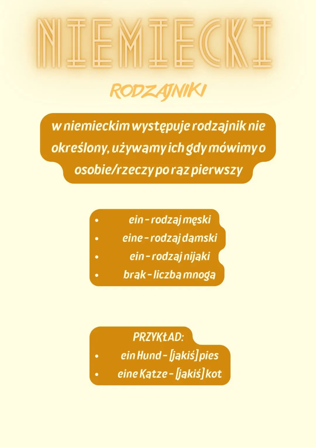 # NIEMIECKI

RODZAJNIKI

w niemieckim występuje rodzajnik nie
określony, używamy ich gdy mówimy o
osobie/rzeczy po raz pierwszy

- ein-rodza
