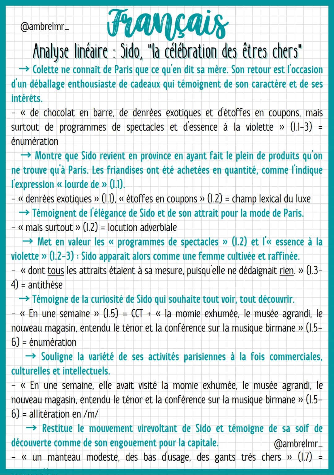 @ambrelmr_
# Français
Analyse linéaire: Sido, "la célébration des êtres chers"
## INTRODUCTION
*   Présentation du texte :

→ Auteur: Colett