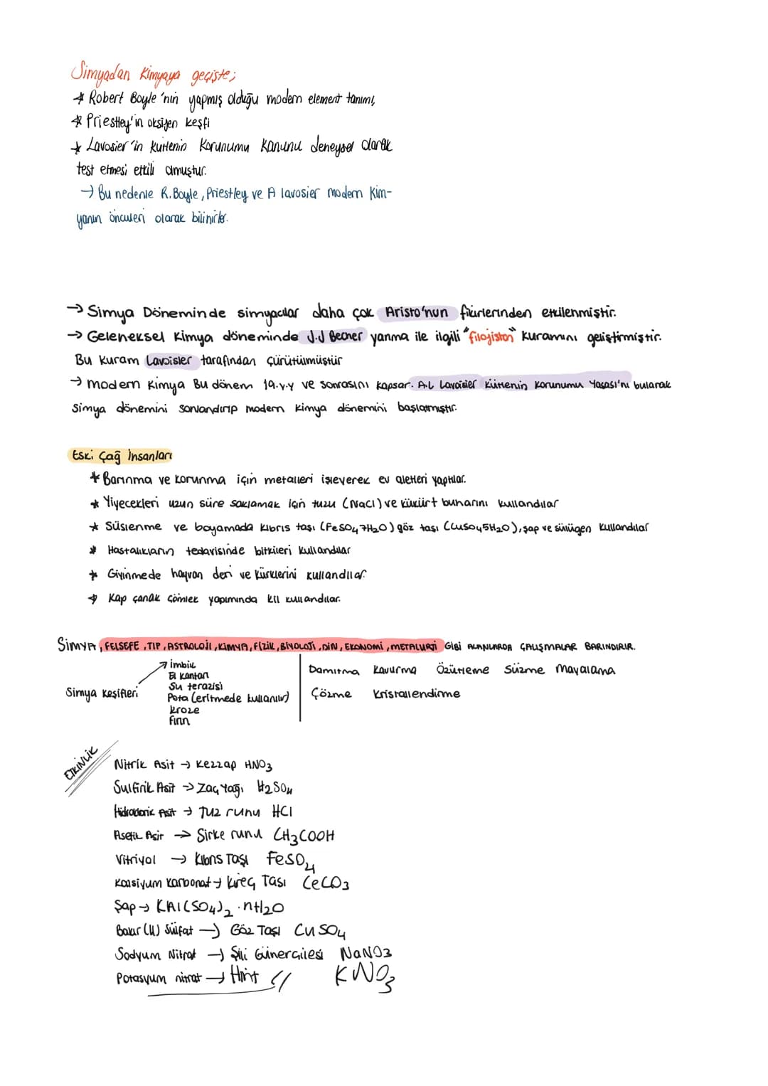 # Simyadan Kimyaya geçiste;
* Robert Boyle 'nin yapmış olduğu modern element tanımı,
* Priestley'in oksijen keşfi
* Lavosier in Kuttenin Kor