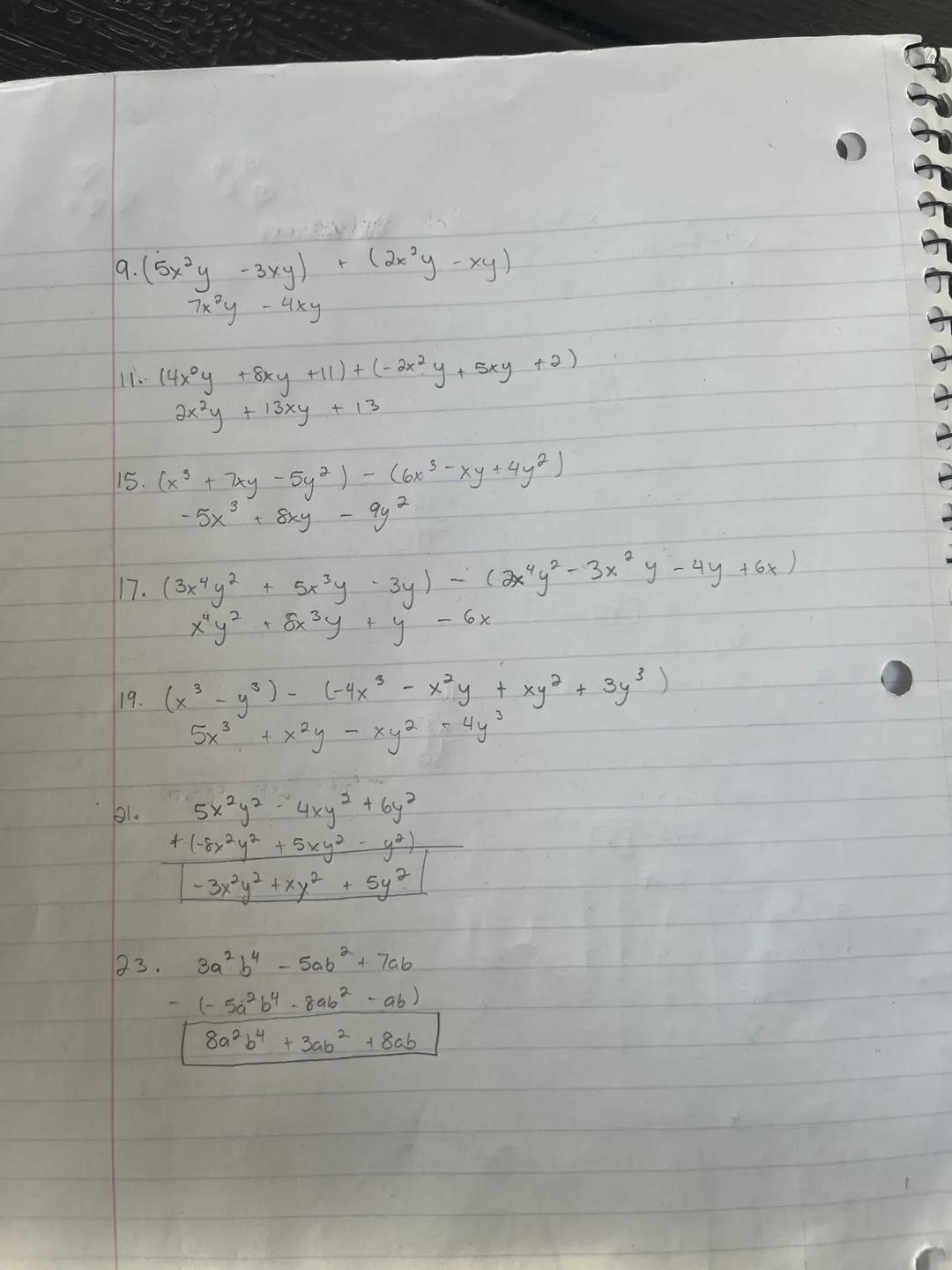 y=-3
x=2
Work sneet
1. $x^2 + 2xy + y^2$
$(2)^2 + 2(2)(-3) + (-3)^2$
$4 + 4(-3) +9$
$4-12+9$
$-8 + 9=$

3. $xy^3 - xy + 1$
$(2)(-3)^3 - (2)(