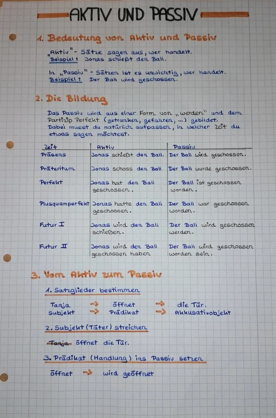 # AKTIV UND PASSIV

1. Bedeutung von Aktiv und Passiv

"Aktiv"- Sätze sagen aus, wer handelt.
Beispiel: Jonas schießt den Bali.

In „Passiv"