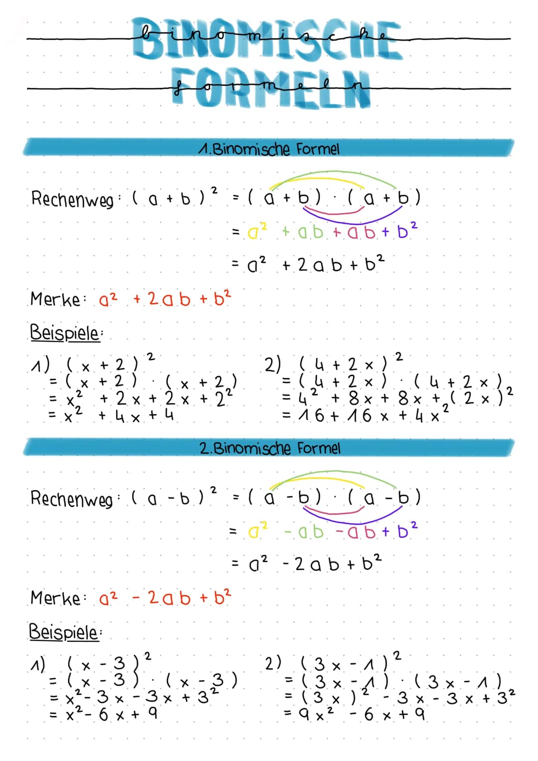 # BINOMISCHE
# FORMELN

1. Binomische Formel

Rechenweg: $(a + b)^2 = (a+b)(a+b)$

$= a^2 + ab + ab + b^2$

$= a^2 + 2ab + b^2$

Merke: $a^2
