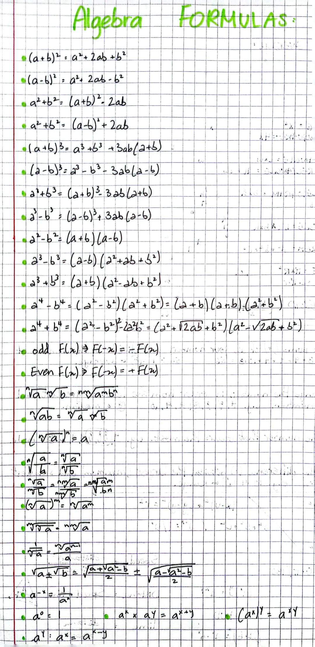 # Algebra FORMULAS

*   (a+b)²= a²+2ab+b²
*   (a-b)²= a²+ 2ab-62
*   a²+b²= (a+b)²-2ab
*   a²+b²= (ab)² + 2ab
*   (a+b)³= a³+b³+3ab(a+b)
*  